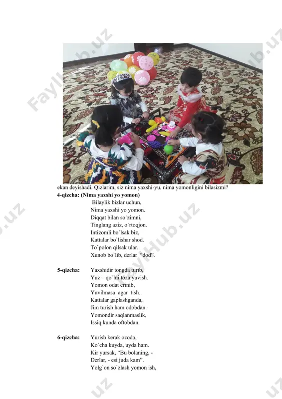 ha: chorlasalar, “labbay” deb, so`zlariga quloq sol. agar ish buyursalar, “xo`p bo`ladi”, de darhol. ularning har bir so`zi, duru gavhar, tillodir. yo`q, tillomas, aslida, tillodan ham a’lodir. 9-qizcha: bobo-buvijonlarning, duosini olaylik. choy ichsalar, choyiga, shakar, novvot solaylik. bizni chorlab yoniga, aytsalar gar nasihat. nasihatga hamisha, amal qilaylik albat. 10-qizcha: bobojonlar pir bo`lar, buvijonlar farishta. nabiralarga ular, o`rnak bo`lar har ishda. buvijonim juda ko`p, aytar ertak, rivoyat. bobojonim oqshomlar, o`rgatar hadis, oyat. 11-qizcha:yod olsak so`zlarini, aqlimiz ko`p bo`ladi. shunda barcha bolalar, bizga havas qiladi. tarbiyachi: barakalla. qani aytinglarchi: (buvi va qizaloq suhbati) 1. oila qanday dargoh? 1. oila muqaddasdir. yashasak bizlar inoq, bu barchaga havasdir. 1. xonadonda kim katta? 1. kattalar buvim bobom. ota – onam ularga, ko`rsatarlar ehtirom. 1. ota – ona qanday so`z? 1. ota – ona mo`tabar. kamol topsin bolam, deb mehnat qilar shom – sahar. 1. aka – uka, singil kim? 1. ularmi? ular qondosh. hamjihatlik hamisha, …