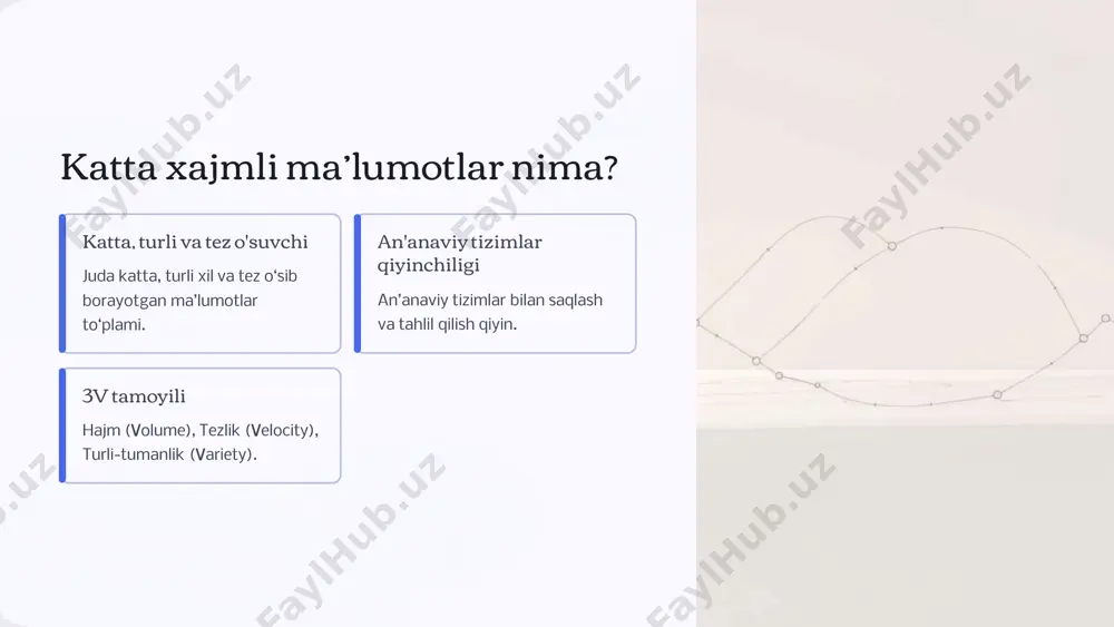 foydali bilim va tushunchalarni olishga qaratilgan fanlararo soha. soha mutaxassisi statistika kompyuter ilmi statistik soha bilimlari kod va amaliyot ma'lumotl arni qayta ishlash ma’lumotlar ilmi https://gamma.app/?utm_source=made-with-gamma https://gamma.app/?utm_source=made-with-gamma big data va data science o‘rtasidagi bog‘liqlik big data va data science bir-birini to'ldiruvchi ikkita muhim tushunchadir. ular birgalikda zamonaviy biznes va texnologiyalar rivojining asosini tashkil etadi. big data: resurs katta hajmdagi xom ma’lumotlar — bu xuddi boy yer osti qazilmalari kabi. data science: vosita bu ma’lumotlardan qiymat yaratish jarayoni — xom ashyoni qayta ishlashga o'xshaydi. birgalikda: natija innovatsiyalar va raqobatbardoshlikni oshiradi, yangi imkoniyatlar yaratadi. https://gamma.app/?utm_source=made-with-gamma https://gamma.app/?utm_source=made-with-gamma katta xajmli ma’lumotlarning afzalliklari big data zamonaviy korxonalar va tashkilotlar uchun ko'plab strategik afzalliklarni taqdim etadi. tezkor qarorlar real vaqt rejimida ma’lumotlarga asoslanib qaror qabul qilish imkoniyati. yangi imkoniyatlar yangi biznes imkoniyatlari va bozorni chuqurroq tushunishga erishish. samaradorlik operatsion samaradorlikni oshirish va xarajatlarni sezilarli darajada kamaytirish. shaxsiylashtirilgan xizmatlar mijozlar talabiga mos shaxsiylashtirilgan xizmatlar va mahsulotlar yaratish. …