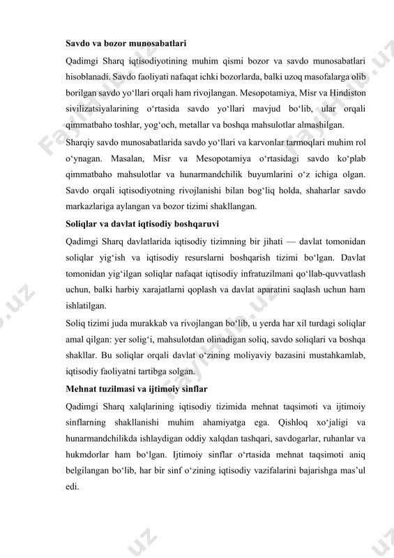 pul sifatida turli materiallardan foydalanganlar: dastlab, tosh, qimmatbaho metallardan (oltin, kumush), so‘ngra tanga shaklida bosilgan pullar ishlatila boshlandi. mesopotamiyada shumerlar er yuzidagi birinchi tanilgan iqtisodiy yozuvlarni ishlab chiqqanlar, bu esa pul tizimini yanada rivojlantirishga turtki berdi. ular tangalar o‘rniga tovar almashuvida ishlatilgan qishloq xo‘jaligi mahsulotlari yoki qoramollarni hisobga olish orqali iqtisodiy aloqalarni yuritganlar. misrda ham pul tizimi dastlab tovarlarga, ayniqsa don va neft mahsulotlariga asoslangan. ammo keyinchalik oltin va kumush tangalar ahamiyat kasb etdi. shu tariqa misrda pul iqtisodiyotni tartibga soluvchi vosita sifatida keng qo‘llanila boshlandi. xitoy qadimgi davrlardan boshlab metall tangalarni bosish bilan mashhur bo‘lib, ayniqsa qin sulolasi davrida (miloddan avvalgi iii asr) davlat tomonidan standart tangalar chiqarilgan. bu tangalar davlat iqtisodiyotini markazlashtirishga xizmat qilgan. soliq tizimining asoslari qadimgi sharqda soliq tizimi davlat moliyaviyoti va iqtisodiy faoliyatni boshqarishda markaziy o‘rin tutgan. soliqlar asosan davlat xarajatlarini qoplash, infratuzilmani rivojlantirish va harbiy xarajatlarni ta’minlash uchun yig‘ilgan. soliq yig‘ish usullari va turi …