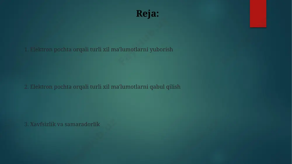 qidirish va filtrlash elektron pochta xabarlarini sanasi, hajmi yoki biriktirilgan fayllar mavjudligi bo'yicha filtrlash orqali, masalan, 10 mb dan katta fayllarni yoki oxirgi 7 kun ichida yuborilgan xabarlarni ajratib olish orqali, keraksiz xabarlarni tez va samarali saralash mumkin. elektron pochta xabarlarini qidirishda mavzu satrida, tanada yoki biriktirilgan fayllarning nomlarida kalit so'zlarni, masalan, "hisobot 2023" yoki "shartnoma 123" kabi aniq atamalarni ishlatish natijalarni toraytiradi va kerakli xabarni tezroq topishga yordam beradi. katta hajmdagi fayllarni yuborish usullari email provayderlari odatda 25 mb dan oshmaydigan fayllarni bevosita yuborish imkonini beradi, shuning uchun katta fayllarni (masalan, 1 gb) yuborish uchun faylni bulutga yuklash va ulanishni taqdim etish samaraliroq bo'ladi. katta hajmdagi fayllarni (100 mb dan ortiq) yuborish uchun faylni arxivlash (zip, rar) va bir necha qismlarga bo'lish yoki bulut xizmatlaridan (google drive, dropbox) foydalanish tavsiya etiladi. elektron pochta orqali shifrlash s/mime protokoli raqamli imzo va shifrlashni qo'llab-quvvatlab, elektron pochta xabarlarining asl nusxasini tasdiqlash va …