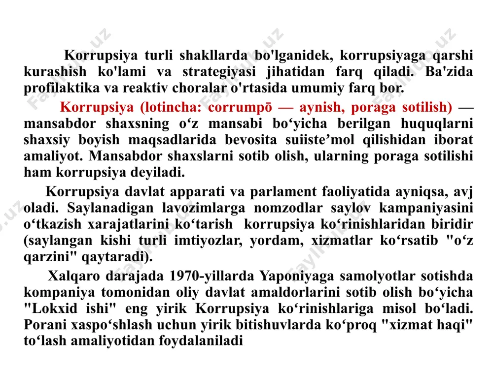 ing dunyoning boshqa mamlakatlariga nisbatan ancha kamayishiga olib keldi. korrupsiya bir necha ming yillik tarixga ega. yozma manbalarda korrupsiya haqida eramizdan avvalgi shumer podsholigi davrida eslatib oʻtiladi. korrupsiya bizning kunlargacha yetib kelganligi shundan dalolat beradiki, boshqa illatlar kabi, uni ham tag-tugi bilan yoʻqotib boʻlmaydi. hatto rivojlangan oʻarb davlatlari ham korrupsiyadan butkul xalos boʻlolmagan. biroq jamiyat rivojiga xavf soluvchi korrupsiyaning oldini olish, unga qarshi kurashish yer yuzidagi barcha davlatlarda hamisha va hamma zamonda davom etgan. qurʼoni karimda poraxoʻrlik bevosita taqiqlanadi: “bir-birlaringizning mollaringizni botil yoʻl bilan yemang. bilib turib odamlarning mollaridan bir qismini yeyishingiz uchun uni hokimlarga gunohkorona tashlamang” (baqara surasi, 188). lekin shunga qaramay, poraxoʻrlik usmoniylar xalifaligida ham mavjud boʻlgan. avvaliga xalifa turli idoralar faoliyatini shaxsan oʻzi nazorat qilardi, lekin vaqt oʻtishi bilan bu ishni oʻziga yaqin odam — xalifaning turli ishlar boʻyicha shaxsiy yordamchisi boʻlgan vazirga topshirib qoʻydi. vaqt oʻtishi bilan vazirlar keng tarmoqli davlat apparatini shakllantirdi. x asrning oʻrtalariga …