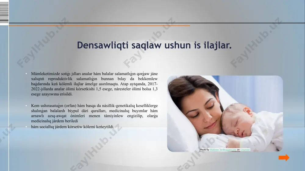 lerge tiykarlanıp hámiledarlar hám nárestelerge oraydıń aymaqlıq filiallarında konsultativ járdem kórsetedi hám zárúr jaǵdaylarda olarǵa medicinalıq stacionar járdem kórsetedi; g) oray: respublikalıq, aymaqlıq medicina mákemeleri hám rayonlıq (qalalıq) medicina birlespelerinde hámiledar hayal-qızlar hám jańa tuwılǵan balalardıń skriningin, sonday-aq, reproduktiv jastaǵı xalıq arasında ekstragenital, tuwma hám násillik keselliklerdiń profilaktikası, diagnostikası, emlew hám reabilitaciyası boyınsha qánigelestirilgen hám joqarı texnologiyalı diagnostika hám emlew ámeliyatların engizedi; akusherlik-ginekologiya, medicinalıq-genetikalıq másláhát, salamat shańaraqtı rejelestiriw, molekulyar-genetikalıq tekseriw, plastikalıq hám estetikalıq ginekologiya, járdemshi reproduktiv texnologiyalar xızmetlerin shólkemlestiredi hám photo by matthew tenbruggencate on unsplash reproduktiv jastaǵı xalıq, hámiledar hayal-qızlar hám jańa tuwılǵan balalarǵa maman medicinalıq xızmet kórsete alatuǵın kadrlar tayarlaw hám qayta tayarlawda qatnasadı; reproduktiv jastaǵı xalıq, hámiledar hayallar, jańa tuwılǵan balalardıń kesellikleri boyınsha fundamental, ámeliy hám innovaciyalıq ilimiy izleniwler hám izertlewler alıp barıw, olardıń nátiyjelerin keńnen engiziw boyınsha usınıslar islep shıǵadı; o’spirimler arasında reproduktiv organlar patologiyasınıń aldın alıw boyınsha medicinalıq-profilaktikalıq ilajlardı shólkemlestiredi; sırt el ilimiy-izertlew medicinalıq orayları, …