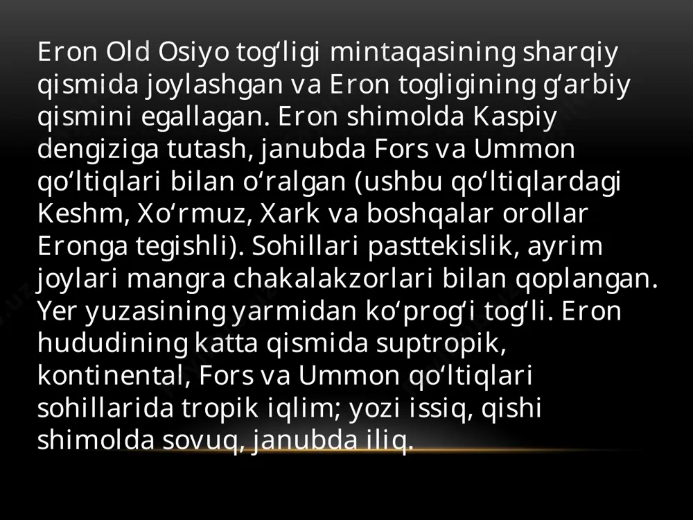 didan kelgan muhojirlar bilan oʻzaro munosabatda yaratilgan, degan fikrni bildirish imkonini berdi. geometrik jihatdan uchburchak naqshlar bilan bezatilgan sopol idishlardan iborat. uylar g‘ishtdan qurilgan, ichi loyli, tashqi ko‘rinishi qizil rangga bo‘yalgan. ikkinchi bosqichga kelib mis buyumlar keng tarqala boshladi. kremdan foydalanish o'z ahamiyatini yo'qotmaydi. qimmatbaho toshlardan yasalgan zargarlik buyumlari namunalari ham ko‘p. sopol idishlarda geometrik naqshlardan tashqari zoomorf tasvirlar ham mavjud. konussimon idishlar ham keng qo'llaniladi. ilk eneolit davriga oid gyan yodgorligi eronning markaziy qismida yaxshi oʻrganilgan. u ikki bosqichda rivojlangan. moddiy topilmalar orasida qoʻlda oʻyilgan naqshli mis idishlar va sopol idishlar bor. naqshlar bir xil rangdagi bo'yoqlarda berilgan. odam va uchuvchi qushning eskizlari sxematik tarzda ko'rsatilgan. keyingi bosqichda echki va qushlarning tasvirlari paydo bo'ladi tyan tipidagi yodgorliklar zagros shimoli-g‘arbiy qismida, jumladan, mashhur kuhiday vodiysidagi 13 gektarlik chigapaxon yodgorligida ham aniqlangan. ilk eneolit davri jamoalarining uchinchi guruhi hozirgi xuziston viloyati hududida tarqalgan. bu yerdagi yodgorliklar jafarobod jo‘bi va bendebal majmualarida …