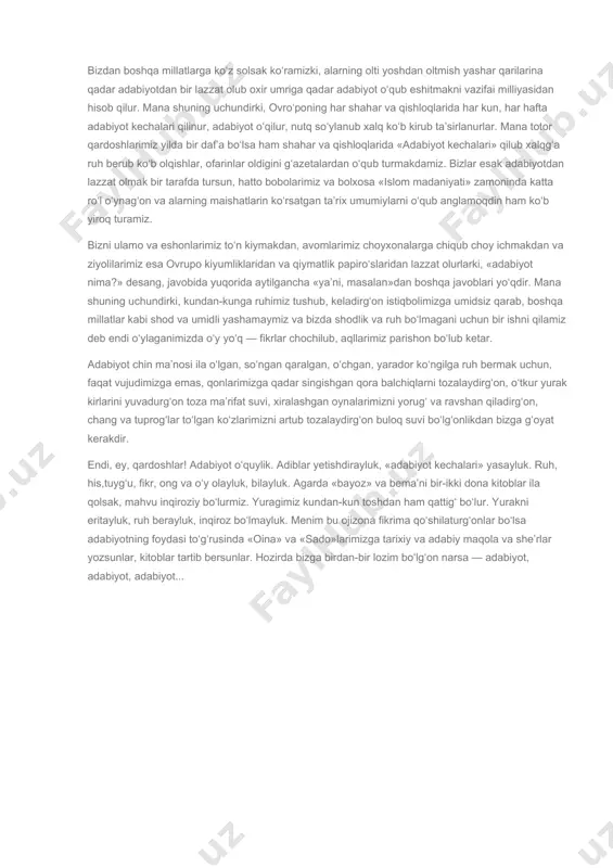 g bir ma’shuqa uchun qoshg‘ar taraflariga yayov borganini va yo‘lda o‘g‘rilar tarafidan o‘lturulgani g‘oyat yaxshi ohang bilan aytilur. ul vaqtda bola ta’sirindan uxlab ketar. shunga o‘xshash o‘zining shavkat va g‘ayrati ila zamonasida butun dunyoni havor va dahshatga solg‘on jahongirlarning o‘tkazgan kunlarin va davrlarin tarixlarda ko‘rsa va eshitsa har kishi yuragida bir botirliq va bir fidokorlik his etar va qahramonona umidlarda bo‘linur. mana shunday qahramonona umid, qahramonona his va qahramonona g‘ayrat —barchalari tarixiy adabiyotning natijasidan boshqa narsa emasdir. hech to‘xtamasdan harakat qilub turg‘on vujudimizga, tanimizga suv-havo ne qadar zarur bo‘lsa, maishat yo‘lida har xil qora kirlar ila kirlangan ruhimiz uchun ham shul qadar adabiyot kerakdir. adabiyot yashasa — millat yashar. adabiyoti o‘lmag‘on va adabiyotining taraqqiysiga chalishmagan va adiblar yetishdirmag‘on millat oxiri bir kun hissiyotdan, o‘ydan, fikrdan mahrum qolub, sekin-sekin inqiroz bo‘lur. muni inkor qilib bo‘lmas. inkor qilg‘on millat o‘zini inqirozda ekanun bildirur. bizdan boshqa millatlarga ko‘z solsak ko‘ramizki, alarning olti yoshdan …