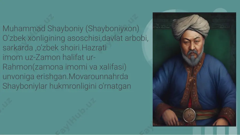 i vaslin eshitib, ko‘nglum ochildi yana. hajr o‘tinda notavon jismim firoqing kechasi, sham’dek boshtin-ayoq firqatda yoqildi yana qezlob erdim ishqini eldinu lekin naylayin, holatim majnun kibi olamg‘a yoyildi yana. firqat otidin yeqildim, yor keldi so‘rg‘oli, ey shayboniy, yor dardingg‘a davo qildi yana. “shayboniyxonning 300 dan ortiq gʻazal, ruboiy, tuyuq, chiston, taʼrix va boshqa janrdagi asarlarini oʻz ichiga qamrab olgan “devon”i mavjud. devon istanbulda toʻpqopi saroyi muzeyida saqlanadi. muhammad shayboniydan sheʼriy devon bilan birgalikda diniy mazmundagi “bahr ul-hoʻdo” nomli doston, oʻgʻli temur sultonga atab yozgan pand-nasihatlardan iborat kitobi mavjud. muhammad shayboniy adabiy merosining asosiy qismini urush tafsilotlari, hayotiy muammolar, darvishlik kechinmalari bilan yoʻgʻrilgan diniy-tasavvufiy qarashlar aks etgan gʻazallar tashkil etadi. shayboniyxonning sheʼr va gʻazallari xalq orasida keng tarqalgan va mashhur boʻlgan. “mehmonnomai buxoro” asarida tasavvufiy gʻazallariga juda koʻp sharhlar yozilgani buning yaqqol dalilidir. harbiy yurishlar va davlat ishlari orasidagi qisqa tanaffuslarda islomni oʻrganish, tarixiy va sheʼriy asarlar bitish bilan shugʻullangan muhammad …