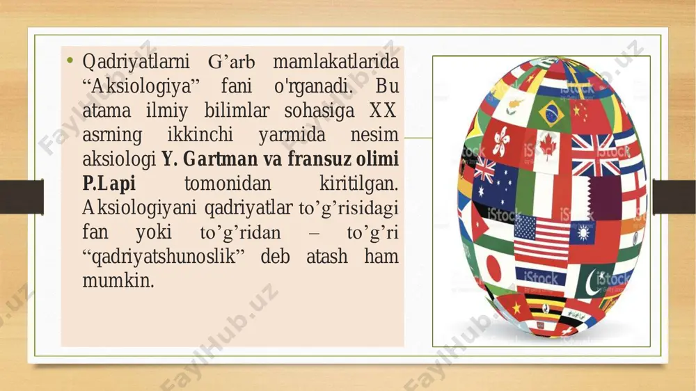 moiy hodisalarda mujassamlashgan ijtimoiy ne’matlar, tarixiy voqealar, madaniy meros, axloqiy ezgulik, go‘zalik mezonlarigani qanoatlantiruvchi estetik hodisalar, diniy ibodat predmetlari yoki o‘zining muayyan ramziy ifodasini topgan diniy g‘oyalar va sh.k. • moddiy qadriyatlar ongda emas, balki odamlar hayot faoliyatida amal qiluvchi muayyan narsalar, hodisalar dunyosida mavjud bo‘ladi. https://azkurs.org/reja-kirish-maktab-dunyo-imoratlarining-eng-muqaddas-va-qadrli.html https://azkurs.org/xviii-asrda-angiliayning-tashqi-siyosati-reja.html https://azkurs.org/14-mavzu-estetik-tarbiyaning-turlari-va-yonalishlari.html • ijtimoiy-siyosiy qadriyatlar – bu ijtimoiy va siyosiy hodisalar, voqealar, siyosiy aktlar va harakatlarning qadriyat sifatidagi ahamiyatidir. ijtimoiy-siyosiy qadriyatlar qatoriga, odatda, siyosiy va ijtimoiy harakatlarda mujassamlashgan ijtimoiy imtiyozlar, shuningdek jamiyatning ravnaq topishi, xalqlar o‘rtasida tinchlik va hamkorlikning mustahkamlanishiga ko‘maklashuvchi tarixiy voqealarning progressiv ahamiyati kiradi. https://azkurs.org/mavzu-elementar-hodisalar-tushunchasi-tasodifiy-hodisalar-hodi.html • ma’naviy qadriyatlar – bu ma’naviy qadriyatlar qatoriga baxt- saodat, yaxshilik va yomonlik, go‘zallik va xunuklik, adolat va adolatsizlik, huquqiylik va nohuquqiylik, tarixning mazmuni va insonning vazifasi va hokazolar haqidagi me’yoriy tasavvurlar ko‘rinishida ifodalangan ijtimoiy ideallar, mo‘ljallar va baholar, me’yorlar va taqiqlar, harakat prinsiplari kiradi. https://azkurs.org/reja-baxt-ozi-nima-baxt-haqida-qarashlar.html https://azkurs.org/sintaksisning-organish-obyekti-sintaktik-aloqa-vositalari-soz.html • individual yoki shaxsga doir qadriyat – bu narsa, …