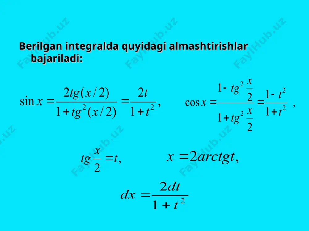 trigonometrik funksiyalar qatnashgan integrallar va irratsional ifodalarni integrallash - Page 4
