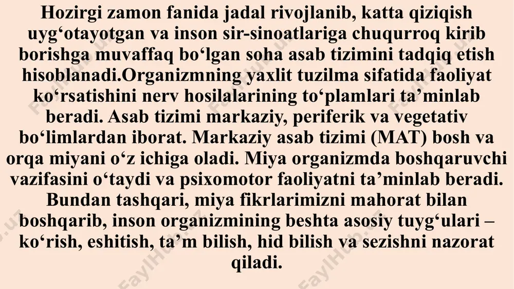 n tashqari, miya fikrlarimizni mahorat bilan boshqarib, inson organizmining beshta asosiy tuyg‘ulari – ko‘rish, eshitish, ta’m bilish, hid bilish va sezishni nazorat qiladi. periferik asab tizimi – nervlar va nerv tugunlaridan iborat. periferik nervlar majmuasi yurak, o‘pka, ovqat hazm qilish tizimi va boshqa ichki organlar, tomirlar va to‘qimalarni ta’minlaydi, bularning barchasi vegetativ asab tizimini tashkil etadi. uning faoliyati inson iroda kuchiga bog‘liq bo‘lmaydi. (3.1 rasm) asab tizimi organizmning ixtiyoriy va ixtiyorsiz bajariladigan vazifalarini boshqaradi. ixtiyorsiz bajariladigan vazifalarga misol qilib ovqat hazm qilish vazifasini keltirishimiz mumkin. asab tizimini tashkil etuvchi milliardlab asab hujayralari organizmning o‘zidan, shuningdek, tashqi muhitdan axborot qabul qiladilar. bosh miya xaritasini tuzib, nervlar vazifalarini aniqlashga ilk marotaba tomas uillis (1621-1675) qo‘l urgan edi. nemis vrachi frans gall (1758-1828) miyaning frenologiya xaritasini yaratib, unda «ruh layoqatlari» deb nomlagan psixikaning xossalarini joylashtirdi.[2] bosh va orqa miya – ikki hayotiy muhim organlar – miya qutisi va umurtqa pog‘onasi suyaklari bilan o‘ralgan …