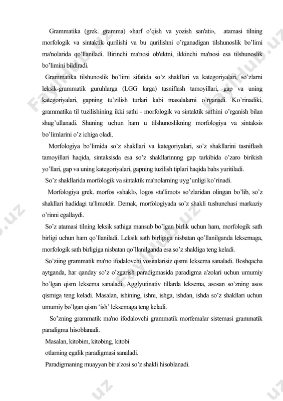ning, ishni, ishga, ishdan, ishda so’z shakllari uchun umumiy bo’lgan qism ‘ish’ leksemaga teng keladi. so’zning grammatik ma'no ifodalovchi grammatik morfemalar sistemasi grammatik paradigma hisoblanadi. masalan, kitobim, kitobing, kitobi otlarning egalik paradigmasi sanaladi. paradigmaning muayyan bir a'zosi so’z shakli hisoblanadi. paradigma a'zolari o’z ichida o’zaro zidlik munosabatida bo’ladi. ana shu munosabat u yoki bu paradigma a'zosini to’gri tavsiflash va uning sistemadagi qiymatini to’gri belgilash imkonini beradi. masalan, qalam so’zining birlik shaklda ekanligini otlarning son paradigmasidagi qalamlar shakliga qarab belgilaymiz. yoki shu so’zning bosh kelishikda ekanligini otlarning kelishik paradigmasidagi qalamning, qalamni kabi shakllarga qarab anglaymiz. bundan ko’rinadiki, har bir paradigma asosini o’zi tashkil etgan a'zolari o’rtasidagi zidlanishlar tashkil etadi. zidlanishlar paradigma a'zolarining yashash va rivojlanish asosidir. har bir zidlanishda umumiylik-xususiylik dialektikasi namoyon bo’ladi. zidlanuvchi a'zolar birlashtiruvchi va farqlovchi semalar majmuasidan iborat bo’ladi. birlashtiruvchi sema zidlanuvchi a'zolarni ma'lum sinfga birlashtirish uchun xizmat qilsa, farqlovchi semalar ma'lum sinf tarkibidagi a'zolarning o’zaro farqlanishini, o’ziga …