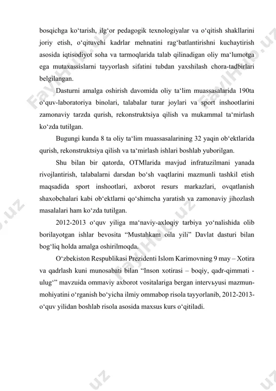 ishida o’zlashtirib boradi. kurs ishining vazifasi talabaga darslikdan tashqari kitoblardan ham ma’lumot yig’ish uni o’rganish va kerak bo’lganda o’rgangan bilimlarini takomillashtirib hayotga tadbiq etishiga, qisqa qilib aytganda talabaning bilim darajasini mukammanlashtirishga yordam beradi. prizedentimiz islom abdug’aninievich karimov ham bu xususda alohida to’xtalib, yosh va bilimga boy kadrlar har tomonlama o’zbekistonning rivojlanishiga katta hissa qo’shajagini bir nechamarta takrorlagan va tegishli qonun va qoidalar chiqargan. ii. asosiy qism 2.1 bir asosli to’yingan karbon kislotalarning tuzilishi, nomenklaturasi. molekulasidagi kislotalilik xossasi bir valentli karboksil gruppasi borligi bilan belgilanadigan moddalargakarbonkislotalardeyiladi; molekulasida karboksillarning soniga qarabbir, ikkiva ko’pasoslikarbonkislotalarga ajratibko’rsatiladi: · to’yingan karbon kislotalarni tegishli uglevodorodlarning molekulasidagi h atomining o’rniga cooh gruppasi almashgan deb qarash mumkin; · karbon kislotalarning umumiy formulasi: cn'h2n+1—cooh bilan ifodalanadi agar n=n + 1 deb qabul qilinsa cnh2no2 shuning uchun to’yingan karbon kislotalarning izomerlari soni molekulasida bitta h atomi kam bo’lgan spirtlar yoki galoidalkillarning izomerlari soni bilan bir xil bo’ladi. · karbon kislotalarning birinchi …