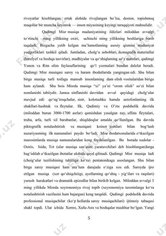 hqa asboblaridan foydalanildi. miloddan burun iii asrda aleksandriyada gidravlos cholg‘usi kashf qilindi. ikki daryo oralig‘ida joylashgan qadimgi davlatlar (miloddan avvalgi 3 ming yillik - 1 ming yillik) shumer-bobul va assiriyaning musiqa madaniyati o‘z navbatida qo‘shni madaniyatlar (osiyo, afrika, janubiy-yevropa) rivojiga ham ta’sir qildilar. shumer-bobul va assiriyada - bugri arfa, arfa shaklidagi lira, lyutnya, ko‘ndalang fleyta, juftli goboy, baraban cholg‘ularidan foydalanishgan. musiqa bu davlatlarning saroy va diniy hayotida katta o ‘rin egallagan. musiqachi (erkak va ayol) lar ijtimoiy tabaqalanishda xudolar va podsholardan keyin turgan. bu xalqlar musiqani sehrli kuchiga (ishtar xudosi haqidagi mif) ishonganlar. musiqiy-nazariy ilm astrolyogiya ta’siri ostida rivoj topdi. besh va yetti raqamlariga alohida e ’tibor berilgan: masalan, 5 pog‘onali angemiton va 7 pog‘onali diatonik tovush qatorlar hamda 5 - 7 torli arfa mavjud bo‘lgan. qadimgi xitoy musiqa madaniyati ilk bor xitoy musiqasi haqidagi ma’lumotlar (afsona va miflar) miloddan avvalgi 4-3 ming yillik, qadimgi marosim musiqasi haqidagi ma’lumotlar miloddan …