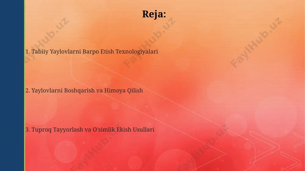 likda) er osti suvlarining sathini nazorat qilish va tuproqning namligini optimallashtirish orqali, o'simlikning o'sishini 15-20% gacha yaxshilaydi. yomg'irlatib sug'orish tizimlari, har gektariga 300-500 mm suv sarfi bilan, o'tloqlarni sug'orishda ishlatilishi mumkin, biroq bu usul suvning ko'p sarflanishi bilan aloqador. zararkunandalar va kasalliklarga qarshi kurash o'simlik kasalliklarining 15-20% ini oldini olish uchun turli xil o't turlarini aralashtirish orqali o'tloqning biologik xilma-xilligini oshirish muhim ahamiyat kasb etadi. zararkunandalarning 30% gacha kamayishiga olib keladigan biologik usullar, masalan, foydali hasharotlarni qo'llash yoki tuproq mikroflorasini yaxshilash, kimyoviy usullarga nisbatan ekologik jihatdan toza hisoblanadi. zararkunandalar va kasalliklarga chidamliligi yuqori bo'lgan 5-7 ta o't turini tanlash orqali kelajakda qo'shimcha himoya choralari talabini kamaytirish mumkin. hosildorlikni oshirish usullari hosildorlikni 15-25% ga oshirishda, o't o'simliklarining turlarini optimal tanlash va ularning o'sish tsiklini hisobga olish muhim ahamiyatga ega. yoylovlarning o'simlik yaproqlarining biomassasini 20-30% ga oshirish uchun, ozuqa ekinlarini ekish va o'g'itlash texnologiyalarini qo'llash samaralidir. sug'orish rejimini optimallashtirish va zamonaviy sug'orish …