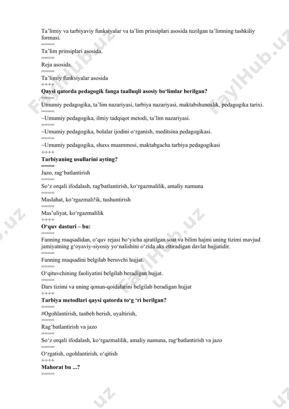 rsa-hodisa bilishdir ==== mavjudotlarni bilish tizimdir ==== ilohni anglash demakdir ++++ odob – bu? ==== har bir insonning o‘zi bir inson yoki jamoa bilan bo‘lgan muloqotida hamda yurish-turishida o‘zini tuta bilishidir ==== insonning yurish-turishini belgilab beradi ==== insonning muomala odobini belgilab beradi ==== insonning kuchli iroda egasi ekanligi ++++ pedagogikada jazolash usuli qanday amalga oshiriladi? ==== tushuntirish, tanbeh berish, ogohlantirish, qattiq ogohlantirish, uyaltiri ==== kaltaklab, urib, haqorat qilib ==== haqorat qilib ==== tanbeh berib ++++ pedagogika tarixi qanday fan? ==== pedagogika tarixi maktab tizimi va g‘oyalarini o‘rganadigan fan ==== pedagogika tarixi metodikasi voqea va hodisalarni o‘rgatadigan fan ==== pedagogika tarixi fani ijtimoiy fan ==== pedagogikaga oid bilimlarni o‘rganadigan fan ++++ o‘qituvchi kasbiy faoliyati qanday qobiliyatni talab qiladi. ==== kommunikativ, didaktik ==== perseptiv, empatiya ==== bilish, anglash ==== umumiy, xususiy ++++ “tarbiya san’ati shunday xususiyatga egaki deyarli, barchaga tanish va tushunarli, ba’zilariga esa juda oson ish bo‘lib tuyuladi...” g‘oya muallifini aniqlang. …