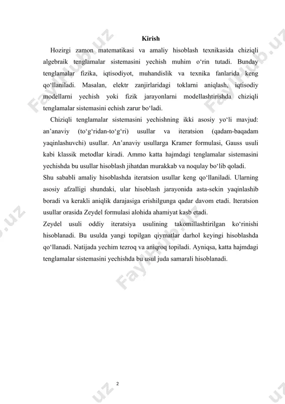 ’lumlar, bᵢ – tenglamalar o‘ng tomonidagi erkin hadlardir. bunday sistemalarni yechish masalasi matematikaning nazariy qismida ham, amaliy hisoblashlarda ham muhim ahamiyatga ega. chats turli matematik modellar asosida yuzaga keladi. masalan, iqtisodiyotda balans tenglamalari, fizikada elektr zanjirlaridagi kirchhoff qonunlari, muhandislikda statik tahlil tenglamalari ko‘pincha chiziqli ko‘rinishga ega bo‘ladi. shu sababli ularni samarali yechish usullarini ishlab chiqish dolzarb vazifa hisoblanadi. chiziqli tenglamalar sistemalarini yechishning ikki asosiy usullari mavjud to‘g‘ridan-to‘g‘ri usullar. bunda yechim chekli qadamlar ichida aniq topiladi. masalan: kramer formulasi gauss eliminatsiya usuli; gauss–jordan usuli; lu–ajratish usuli va boshqalar. bu usullar nazariy jihatdan aniq natija beradi, ammo amaliy hisoblashlarda, ayniqsa, katta hajmli sistemalarda, murakkablik yuzaga keladi. ularning hisoblash xarajatlari ko‘p, xotira sig‘imi katta bo‘lishi talab etiladi. iteratsion usullar. iteratsion usullar “qadam-baqadam yaqinlashuv” tamoyiliga asoslanadi. ya’ni dastlabki taxminiy yechim olinadi va u asta-sekin takroriy hisoblar orqali aniqlashtiriladi. iteratsion usullar katta hajmli sistemalar uchun juda samarali hisoblanadi. mashhur iteratsion usullar qatoriga quyidagilar kiradi: oddiy …