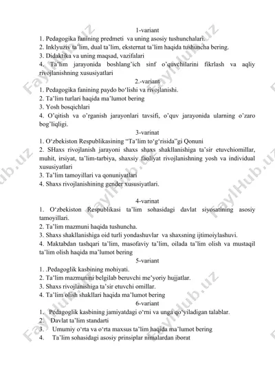 pedagogika faniga oid variantlar to‘plami — DOCX