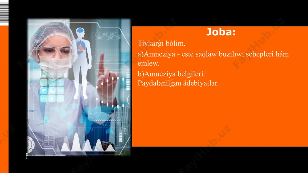 atadı. - kóbeytiw - bul ótken tájiriybeni qollanıw. ápiwayı formalardan biri tanıw - obiektti onıń kórinisi menen salıstırıw. amneziya usı basqıshlardıń birewi buzılǵanda kelip shıǵadı. dıqqat, pikirlew, aqıl yamasa sóylew azap shegip atırǵan sıyaqlı kórinis payda bolıwı múmkin, biraq tiykarında eslewdiń buzılıwı birinshi orında turadı. bul jaǵday tiykarǵı somatik yamasa ruwxıy patologiyaga qosılıp keletuǵın simptom yesaplanadı, sonıń ushın tiyisli yemlewdi ámelge asırıw kerek. photo by xhiliana on unsplash amneziya belgileri. amneziyanıń tiykarǵı belgileri: 1.este saqlaw mashqalaları: jańa nárselerdi úyreniw, ótkendi esley almaw hám t.b. 2.jónelistiń buzılıwı hám aljasıwı. 3.informaciyanı qabıl etiw hám ámelge asırıw buzılıwı sebepli baylanıs hám aqılıy jumıstı orınlawda qıyınshılıqlar payda boladı. intellekt tómenlewi haqqında tásir qaldırıwı múmkin. 4.konfiguraciyalar - jalgan estelikler. kópshilik nawqaslarda qısqa múddetli este saqlawda mashqalalar boladı - olar jańa maǵlıwmatlardı esley almaydı. soniń menen birge, bolip ótken waqiyalar haqqındaǵı maǵlıwmatlar yadta saqlanbaydı, ótmish waqiyaları saqlanıp qaladı. birew balalıqtaǵı waqıyalardı tolıq aytıp beriwi yamasa burınǵı …