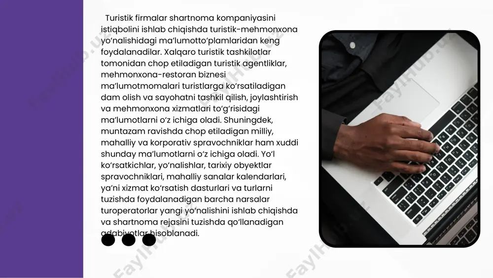 lamentlararo assambleyasi tomonidan qabul qilingan "mdh davlatlari - qatnashchilarining turizm sohasidagi hamkorliklarining asosiy prinsiplari haqida" va boshqalar. retseptiv turoperatorga xizmatlar yekazib beruvchilar bilan shartnoma. xizmatlar etkazib beruvchilar bilan shartnomalar turistlarga xizmat ko‘rsatish va hamkorlar bilan o‘zaro munosabatlar masalalari kiritilgan uslubiy shartnomalar asosida tuziladi. tur yo‘nalishida turistlarga xizmat ko‘rsatish bo‘yicha xizmatlar etkazib beruvchi hamkorlar bilan bo‘ladigan barcha o‘zaro munosabatlar yozma shartnomalar tuzish orqali rasmiylashtiriladi. ular oldi-sotdi shartnomasining uslubiy shakliga, yoki komissiya shartnomasiga, yoxud ayirboshlash shartnomasi (turistik guruhlarning valyutasiz ayirboshlanishi) shaklida bo‘lishi mumkin. xizmatlar etkazib beruvchilar bilan shartnomalarning asosiy mazmuni uslubiy shartnoma mazmuniga o‘xshashdir: shartnoma predmeti, asosiy shartlar, xizmatlar yetkazib beruvchilarning huquq va majburiyatlari, turoperatorning huquq va majburiyatlari, tomonlar javobgarliklari, fors-major holatlari, hamkorlarning huquqiy manzillari va rekvizitlari. shartnoma tomonlar orasida tegishli shaklda, barcha mavjud shartlar bo‘yicha kelishuvga erishilgan holda tuziladi. mavjud shartlar deganda qonunchilik tomonidan tan olingan yoki shu faoliyat uchun zarur bo‘lgan shartnoma predmeti to‘g‘risidagi shartlar, shuningdek, tomonlardan birining arizasi bo‘yicha …