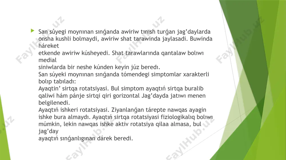 nen shigarilgan; v - úshinshi basqish: bólekler bir-birine o'rnastirilib, qaziq distal bólekke ótkerilgen. san súyeki úshten bir tómengi bóleginen hám dumpekler ústinen sınǵanda eki bogdanov sterjeni yamasa eki qanjar tarizli úlken baltır ushın maslanǵan tsito shtif qol-laniladi. qatirgan túrde uslawshi shtift hám sterjenlar qosimsha kesimler arqalı sirtqi hám ishki dumpekler ústinen jiberiledi. paydalanilg’an a’debiyatlar 1.yumashev g «travmatologiya ha’m ortopediya» 2007 2.ziyonet 3.wikipediya image1.jpeg image2.jpeg image3.jpeg image4.jpeg /docprops/thumbnail.jpeg