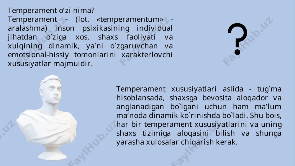 tez jalb etadi. u imo-ishoralarni ko`p ishlatib, uning chehrasiga qarab kayg`iyatini anglab olish qiyin emas. juda sezgir bo`lishiga qaramay, kuchsiz ta’sirni seza olmaydi, serg`ayrat, ishchan, toliqmas. flegmatik - senzitivligi sust, his-tuyg`usi kam o`zgaruvchan, shunga ko`ra bunday shaxsni kuldirish, jaxlini chiqarish, kayg`iyatini bo`zish qiyin bo`lib, ko`ngillsiz hodisa xavf-xatar haqidagi xabarga xotirjamlik bilan munosabatda bo`ladi. vazmin, kam harakat, imo-ishorasi, mimikasi ko`zga yaqqol tashlanmasada, lekin serg`ayrat, ishchan, faol, chidamli, matonatlidir. uning nutq va harakat sur’ati sust. melanholik - senzitivligi yuksak, tortinchoq, g`ayratsiz, arazchan, xafaqon, jimgina yig`laydi, kam kuladi, qat’iyligi va mustaqilligi zaig`, tez toliqadi, ishchan emas. diqqati barqaror, his-tuyg`usi sust o`zgaruvchan. rigid va introvert. yuqori senzitivlik, yuqori tuyg`uga beriluvchanlik. uyatchan, tez xafa bo`ladi. mimika va jestlar yaxshi namoyon bo`lmaydi. sust faollik. o`z-o`ziga ishonch yo`q, arzimagan narsalardan tushkunlikka tushadi. qat’iy emas, tez charchaydi, ishchan emas, diqqati tez bo`ziladi. holerik - sust senzitivlik xususiyatiga ega bo`lib, juda faol va reaktivdir. ko`pincha reaktivligi faollikdan ustun kelib, …