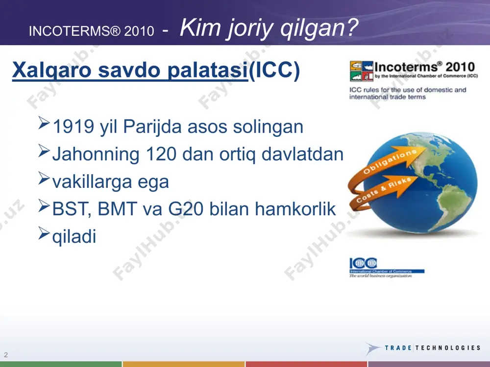 zish termini deq bilan birga qo’llaniladi. * incoterms 2010 sotuvchi va sotib oluvchi majburiyati, narxlar yuzasidan atamalarni to’rt guruhga bo’ldi: e guruh-jo’natish bo’yicha terminlar-exw. ex works (указанное место): товар со склада продавца f guruh –puli to’lanmagan holda yetkazib berish bo’yicha terminlar-fob. free on board (указан порт погрузки): товар погружается на корабль заказчика. c guruh-puli to’langan holda yetkazib berish bo’yicha terminlar-cif. cost, insurance and freight (указан порт назначения): товар страхуется и доставляется до порта заказчика (без выгрузки). d guruh-yetkazib berish bo’yicha terminlar-dap (delivered at place): поставка в месте назначения * xalqaro miqyosda tovar yetkazib berish bosqichi: asosiy xalqaro transport 4 kirish yo’lagi bojxona nazorati so’nggi transport mahsulotga ega bo’lish joylanadi yuklanadi dastlabki tashish export uchun bojxona nazorati chiquvchi yo’lak sug’urta 1 2 3 5 6 7 8 9 10 11 e’tiboringiz uchun raxmat!!!