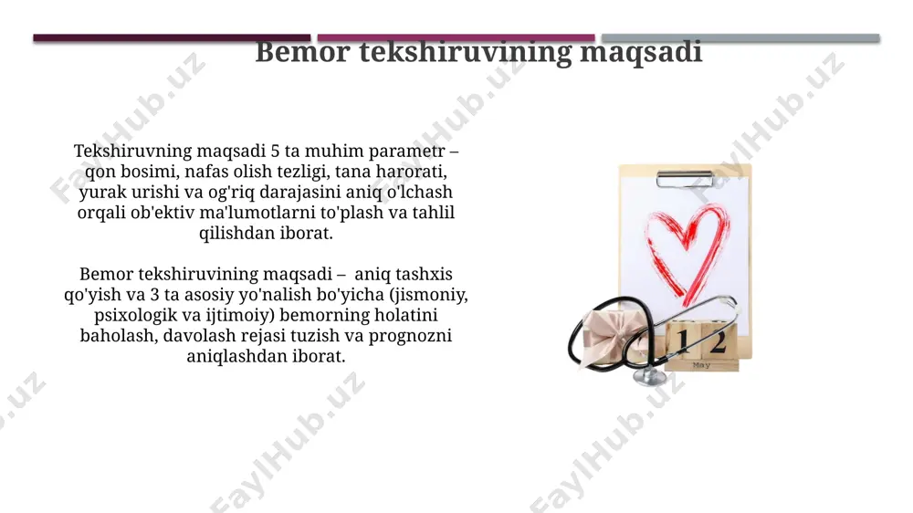 abi omillar hisobga olinadi, bu prognozning aniqligi va ishonchliligini oshiradi. bemorning davolanishga bo'lgan javobi (masalan, 7 kundan keyin yaxshilanish yoki yomonlashish) prognozning asosiy ko'rsatkichlaridan biri bo'lib, davolash strategiyasini o'zgartirishga yordam beradi. instrumental tekshiruvlar ultratovush tekshiruvi (usg) organlarning 3d tasvirini yaratib, o'lchamlarini aniqlaydi (masalan, jigar 15 sm dan oshmasligi kerak) va patologik o'zgarishlarni, shu jumladan, 2 mm dan kichik o'smalarni ham aniqlash imkonini beradi. instrumental tekshiruvlar yordamida 12 ta yetakchi ekg parametrlari o'lchanadi va yurak ritmining buzilishi, miokard infarkti va boshqa patologiyalarni aniqlash uchun tahlil qilinadi. tibbiy hujjatlashtirish ob’ektiv tekshiruv ma’lumotlari, masalan, tana harorati (36.6°c), puls (72/min), nafas olish tezligi (16/min) kabi koʻrsatkichlar aniq raqamlar bilan hujjatlashtiriladi va klinik baholash uchun muhimdir. tibbiy hujjatlashtirishda qoʻllaniladigan xalqaro standartlar, masalan, icd-10 (xalqaro kasalliklar tasnifi, 10-reviyaziya) diagnostika kodlarini ishlatishni nazarda tutadi va bu bir xil tushunchaga ega boʻlishni ta’minlaydi. e'tiboringiz uchun rahmat @taqdimot_robot image1.jpg image2.jpg image3.jpg image4.jpg image5.jpg image6.jpg image7.jpg image8.jpg image9.jpg image10.jpg image11.jpg