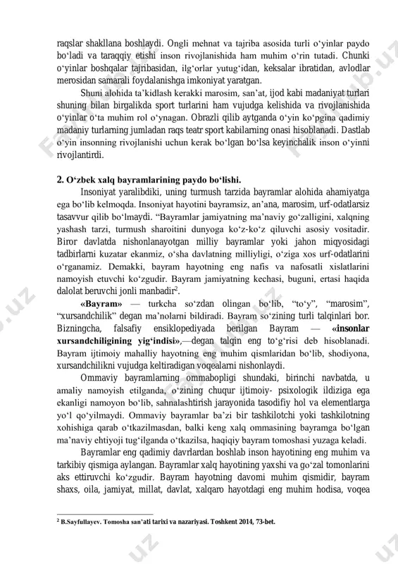 ishayotgani; uchinchisida – 1.5 ming yil avvalgi kumush cho‘michda ikki pahlavonning otdan tushib, qurol- aslahalarini taxlab qoʻyib bellashayotgani, jumladan, bir-birlarini belbogʻidan tutib ikkinchi qoʻli bilan (otlari oldida taxlab qoʻyilgan) qurol sanchiqni olishga intilayotganligi aks ettirilgan. albatta, kurashchi-pahlavonlarning qiyofasi va liboslari ham bizning diqqatimizni tortadi. birinchi holda libosini aniqlash qiyinga oʻxshaydi, ikkinchi holda esa pahlavon egnida uzun chalvor (hozirgi kombinzonga oxshash), oyoqlarida poshnasiz choriq, sochlari oʻrilgan, uzun, orqaga tashlab qoʻyilgan; uchinchi holatda – pahlavonlarning egnida gulli chapon, oyoqlarida choriq, boshida qiyiqcha va hokazo. (bu haqda qarang: asqarov a. moziyga tutash qadriyat. oʻzbekiston adabiyoti va sanʼati. 2001 yil, 1 yanvar). ovchilik asosida chorvachilik shakllanadi, chorvachilikda muayyan hayvonlar ot, hoʻkiz, eshak, tuya, mehnatidan foydalanish jarayonida ham bu hayvonlar harakatlarini taqlid qiladigan o‘yinlar vujudga keladi. masalan; hush- hush, shohmot, qush haydash, qoʻsh hayda, ilk bor ot egarlash vaqtida qaysar ot kabi o‘yinlar paydo bo‘ladi. shuningdek qoʻy junlarini olish mavsumiy marosimi, qoramol terilarini oshlash va …