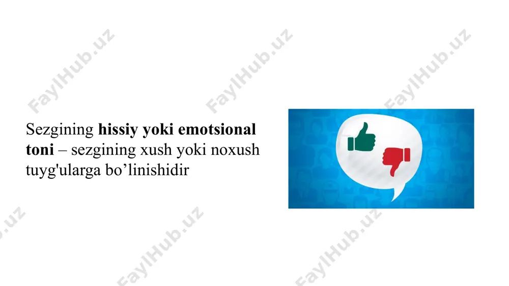 i agar it qulog'ining asosiy membranasidagi uzun tolalar qirqib olinsa, u past (yo'g'on) tovushlami sezmaydigan bo'lib qoladi, agar asosiy membrananing kalta tolalari kesib olinsa, baland (ingichka) tovushlami sezmaydigan bo'lib qoladi. asosiy membrana tolalarining soni odam qulog'i sezadigan tovushlaming soniga umuman baravar keladi, ya’ni 20000 tacha bo'ladi. presentation hid bilish sezgilari hid bilish sezgilarining organi burun kovagining yuqori tomoni bo'lib, bu yerda hid bilish hujayralari va sezuvchi nervning tarmoqlari bor, sezuvchi nervning tarmoqlari «hid bilish sohasining shilliq pardasiga botib turadi. ta’m bilish (maza) sezgilari shirin-achchiq nordon-shirin ta’m bilish organining miyadagi markazlari hid bilish markazlarining yaqinida- dir, deb faraz qilinadi. image1.png image2.svg image2.png image4.svg image3.jpeg image4.png image7.svg image5.png image9.svg image10.png image19.svg image6.png image11.svg image7.png image13.svg image8.png image15.svg image9.png image17.svg image11.jpeg image26.svg image16.png image28.svg image17.png image30.svg image18.png image32.svg image19.png image34.svg image20.png image12.jpeg image13.png image22.svg image14.png image24.svg image15.png image21.png image37.svg image22.png image39.svg image23.png image41.svg image24.png image43.svg image25.png image26.png image46.svg image27.png image28.png image29.jpeg image30.png image31.png …