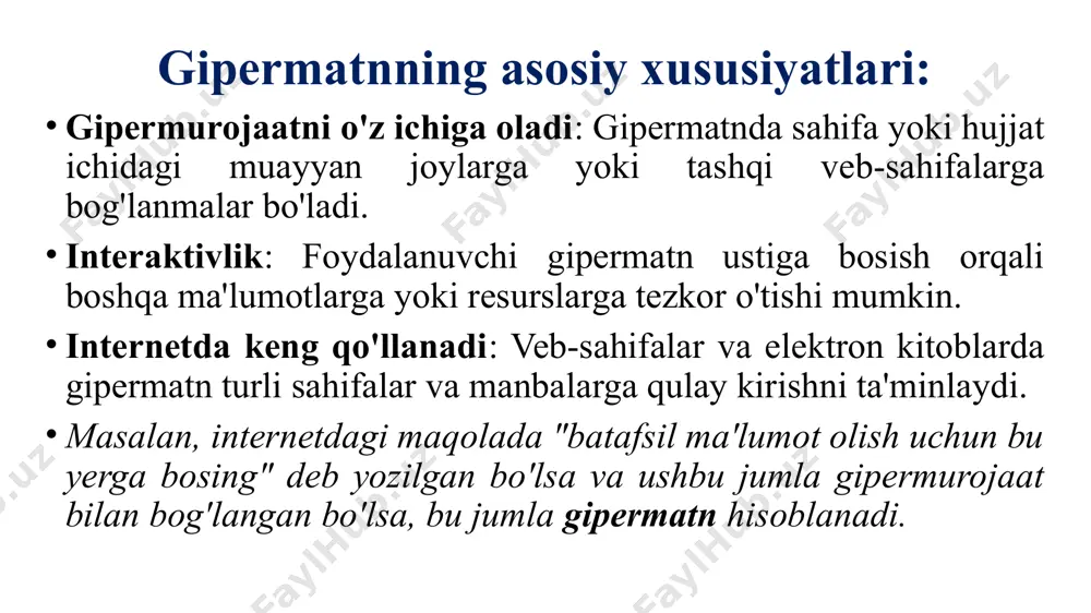 енте da начало документа yozuvini tanlang, ok gipermurojaatlar yaratilgandan keying natija word dasturida gipermurojatlardan foydalanishda uchun sichqoncha koʻrsatgichi gipermatn ustiga olib boriladi va klaviaturada ctrl klavishasi va sichqoncha chap tugmasi bosiladi. 2. matnga gipermurojaat qo'shish orqali fayl, sayt va electron pochtaga oʻtish. matnni tanlang: gipermurojaat sifatida foydalanmoqchi bo'lgan matnni tanlang. gipermurojaat qo'shish: wordning вставка ilovasining ссылки-гиперссылка buyruqlarini tanlang. (yoki ctrl+k tugmalar juftligini bosing) manzilni kiritish: ochilgan oynada gipermurojaat manzilini kiriting yoki fayl, hujjat yoki elektron pochta manziliga bog'lanishni tanlang. ok tugmasini bosing: shundan so'ng, tanlangan matn yoki rasm gipermurojaatga aylanadi. 3. gipermurojaatni rasmga qo'shish rasmni tanlang. вставка menyusidan ссылки-гиперссылка opsiyasini tanlang. manzilni kiriting (masalan, biror sayt, fayl yoki hujjat ichidagi bo'lim manzili). ok tugmasini bosing. rasm gipermurojaat bilan bog'lanadi. 4. gipermurojaatni tahrirlash gipermurojaatni tanlang: gipermurojaatlangan matn yoki rasm ustiga o'ng tugmani bosing. изменить гиперссылку (gipermurojaatni tahrirlash) tugmasini tanlang. yangi manzil yoki matnni kiriting. ok tugmasini bosing. 5. gipermurojaatni o'chirish gipermurojaatlangan …