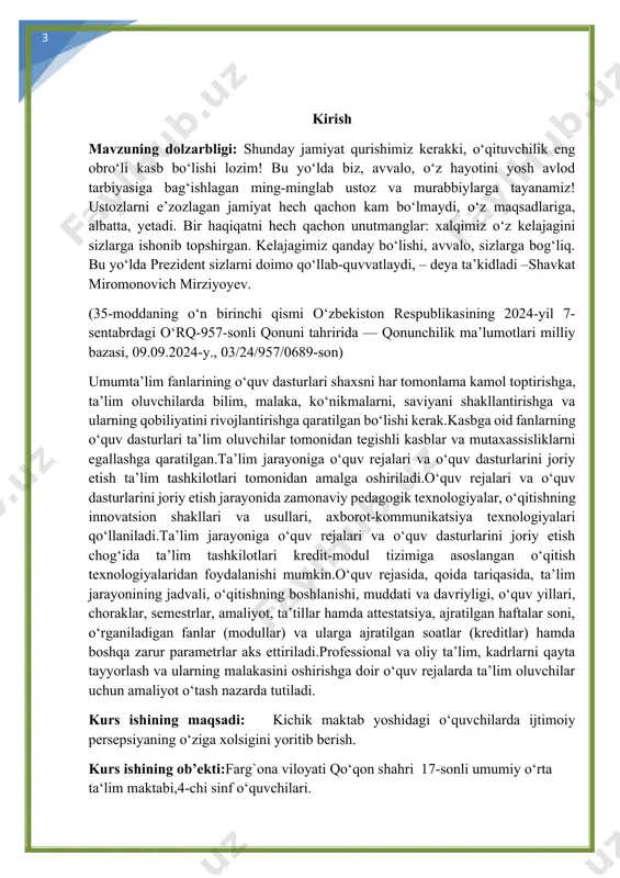 psixologiyaning o‘rgatish va ijtimoiy guruhlar ta'sirida o‘zgarish jarayonlari orqali, insonlar o‘rtasidagi munosabatlarni qanday idrok qilishlarini ko‘rsatgan.shuningdek, richard e. nisbett va toshio yamaguchi kabi olimlar madaniy farqlar va ijtimoiy kontekstlarning ijtimoiy persepsiyaga ta'sirini o‘rganishgan. ular madaniyatga asoslangan ijtimoiy idrokning farqlanishi, masalan, sharq va g‘arb madaniyatlaridagi farqlarni yoritganlar. kurs ishining nazariy ahamiyati: kurs ishining nazariy ahamiyati kichik maktab yoshidagi bolalarning ijtimoiy persepsiyasini o‘rganish orqali bu jarayonning ta'lim va rivojlanishdagi o‘rnini tushunishga yordam beradi. tadqiqot ijtimoiy persepsiyaning shakllanishi, bolalar o‘rtasidagi ijtimoiy munosabatlar va ta'lim tizimidagi uning rolini aniqlaydi. ushbu ish psixologiya va pedagogik nazariyalar asosida ijtimoiy idrokning bolalar ta'limidagi ahamiyatini ko‘rsatadi. kurs ishining amaliy ahamiyati: kurs ishining amaliy ahamiyati, kichik maktab yoshidagi bolalarning ijtimoiy persepsiyasini o‘rganish orqali, ta'lim jarayonlarida bolalarning ijtimoiy idrokini rivojlantirish uchun samarali metodlar ishlab chiqishga yordam beradi. ushbu tadqiqot, psixokorreksion mashqlar va ta'lim dasturlari orqali bolalarning ijtimoiy munosabatlarini yaxshilashda amaliy yondashuvlarni taklif etadi. shuningdek, o‘qituvchilar va psixologlarga bolalar o‘rtasidagi ijtimoiy …