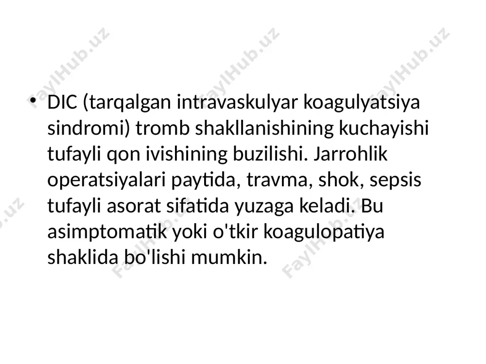 lishi; o'pka shishi; siydik ishlab chiqarishni buzish; o'tkir buyrak etishmovchiligi; nevrologik kasalliklar; ko'p qon ketish.‌‌ diagnostika tashxis qo'yishda klinik ko'rinish muhim rol o'ynaydi. ichki organlarning jiddiy shikastlanishi bilan tashxis aniq. ammo subakut va surunkali shakllarda alomatlar unchalik yorqin emas. klinik ko'rinishga qo'shimcha ravishda, klinik tadqiqotlar ma'lumotlari tashxis qo'yish uchun muhimdir: umumiy qon tekshiruvi; umumiy siydik tahlili; koagulogrammalar (qon ivish testi); qon smetasini tahlil qilish; ferment immunoassay (mumkin bo'lgan infektsiyalarni qidirish). ichki organlar ham zarar ko'rish uchun tekshiriladi. davolash dicni bostirish uchun birinchi navbatda uni keltirib chiqargan sababdan xalos bo'lishingiz kerak. dicni davolash uchun quyidagilar qo'llaniladi: antikoagulyantlar va antiplatelet agentlari (qon pıhtılarına qarshi kurashish uchun); qon quyish; plazmafarez; keng spektrli antienzimlar (qon ketishni to'xtatish uchun). oldini olish profilaktik choralar xavf guruhlarini aniqlash bilan bog'liq (antitrombin iii darajasi past bo'lgan odamlar, eritrotsitoz). xavf guruhiga surunkali kasalliklar (qandli diabet, pielonefrit va boshqalar), qariyalar va boshqalar kiradi. dicni davolashda muvaffaqiyatli natija butunlay tibbiyot xodimlari …