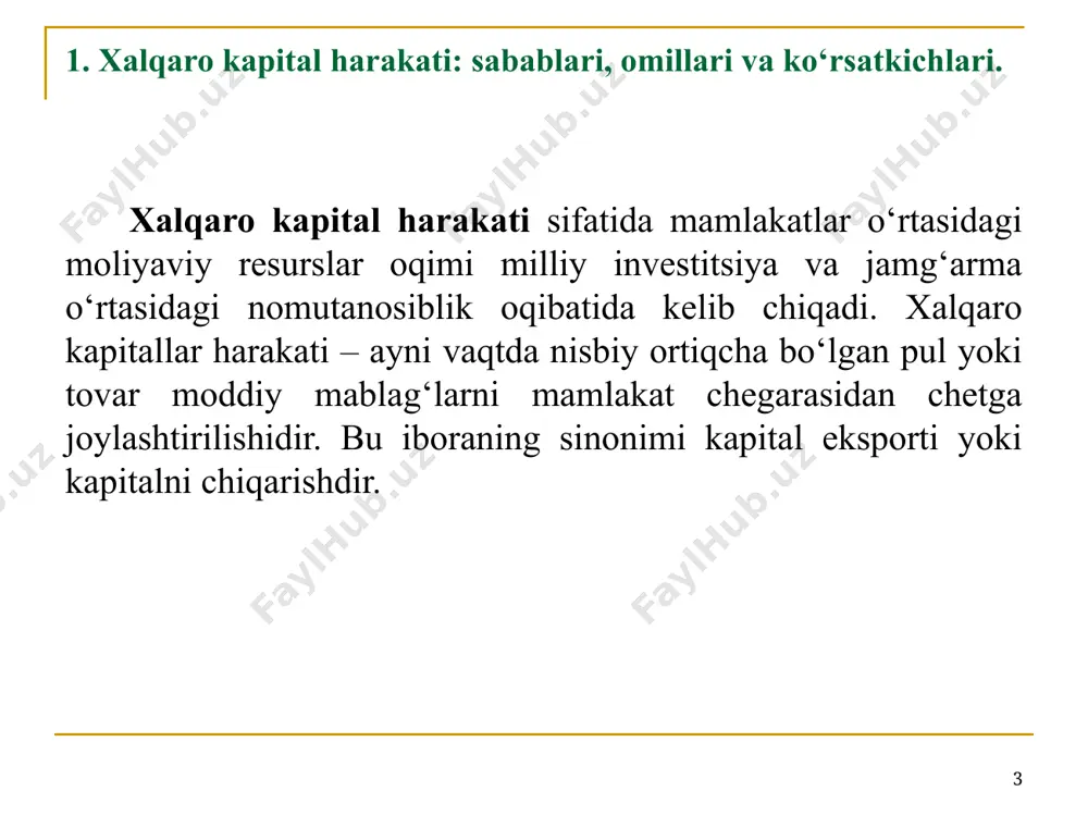 kapital hisobiga qondiriladi. 4) boshqa nisbiy ko‘rsatkichlar: xorijiy yoki aralash kompaniyalarning milliy ishlab chiqarishdagi ulushi, kapital eksporti/importining oldingi davriga nisbatan o‘sish sur’atlari, mamlakat aholisi jon boshiga to‘g‘ri keladigan xorijiy investitsiyalar summasi. * xalqaro kapital migratsiyasining tasnifi * kapital manbasiga ko‘ra foydalanish tabiatiga ko‘ra muddatiga ko‘ra maqsadiga ko‘ra rasmiy (davlat) xususiy (nodavlat) ssuda tadbirkorlik uzoq muddatli o‘rta muddatli qisqa muddatli ttxi portfel investitsiyalar boshqa investitsiyalar * xalqaro kapitalning asosiy shakllari sifatida rasmiy kapital, xususiy kapital, qisqa, o‘rta va uzoq muddatli, tadbirkorlik kapitali, ssuda kapitali, to‘g‘ridan-to‘g‘ri investitsiyalar, portfel investitsiyalarni keltirib o‘tish mumkin. xalqaro kapitalning asosiy shakllari sifatida rasmiy kapital – davlatlararo tashkilotlar va hukumat qarorlari asosida davlat byudjeti mablag‘larini chet eldan qabul qilish yoki chet elda joylashtirishdir. xususiy kapital - xususiy yuridik shaxslar (firma, korxona, tashkilot, banklar va boshqalar)ning mablag‘larini ularning boshqaruv organlarining qarorlari asosida chet ellarda joylashtirishdir. jahon kapital eksportida xususiy kapital etakchi bo‘lib, o‘z navbatida davlat kapitali, xalqaro tashkilotlarning kapitali …