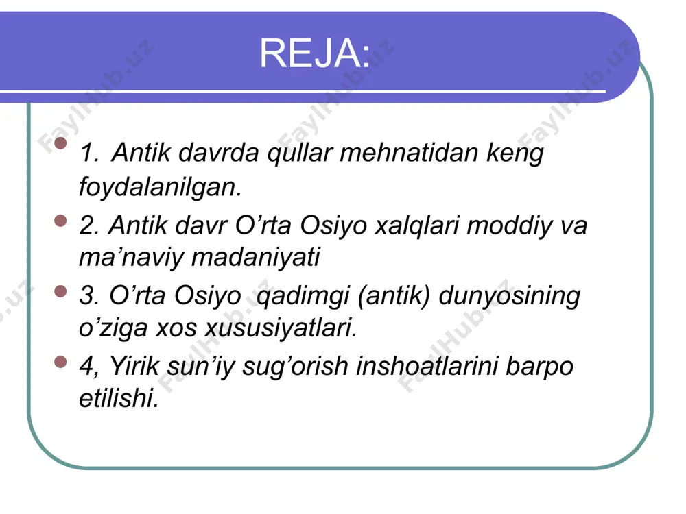 uvi shakllanadi. o’rta osiyo va afg`oniston hududidagi arxeologik tadqiqiotlar antik davr madaniyatining gullab yashnaganidan dalolat beradi. ayritom va ko’hna termizda budda ibodatxonalari ochilgan. fayoztepa, quva, xolchayon, dalvarzin kabi ko’hna shaharlarda ham saroylar, ibodatxonalar ochilib, ular yuksak madaniyatga ega ekanligi kuzatilgan. o’rta osiyo qadimgi (antik) dunyosining o’ziga xos xususiyatlari. o’zbekistonning shimoliy-sharqiy xududlarida qadimgi dehqonchilik vohalarining tashkil topishi. choch, qadimgi fragana ustrushona. qadimgi baqtriya antik davrida. qadimgi baktriya yozma manba’larda. baktriya 1ooo shaharli o’lka. ellin va mahalliy madaniy an’analarning moddiy madaniyatdagi ifodasi. qadimgi baqtriyada diniy e’tiqod. san’at, haykaltaroshlik va haykalchalar. yunon-baqtriya tangalari va baxtar yozuvi. ko’chmanchi yuedji qabilalarining baqtriyaga kirib kelishi va kushonlar davlati. kushonlar davri baqtriyasining shahar va qishloqlari: ko’xna termiz, dalvarzintepa, xalchayon, kampirtepa, zartepa, ayritom, xayitobodtepa, oqqo’rg’on, mirzaqultepa, sho’rtepa, oysaritepa vaboshqalar. yirik sun’iy sug’orish inshoatlarining barpo etilishi zang kanali. antik davr o’rta osiyo xalqlari moddiy va ma’naviy madaniyatida jiddiy o’zgarishlar sodir bo’ldi. mil. avv. iv-ii asrlar oromiy yozuvi asosida xorazm, …