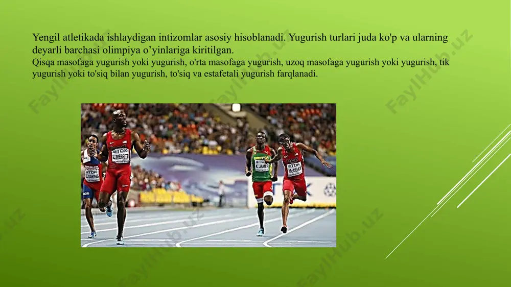 o`g`ri engashgan, ya`ni kuproq engashgan buls a, soni gorizontal xolgacha etib bormaydi-da, yuqoridan kura kuproq oldingga yunalgan kuch xosil kiladi. qisqa masofalarga yugurish qoidalariga ko'ra barcha mashqlar ketma-ket 4 bosqichdan iborat: boshlash; yugurishni boshlash; masofadan yugurish; tugatish. sportchi qisqa masofaga yugurishning har bir bosqichiga to'g'ri kira olishi kerak, chunki uning marraga ko'tarilishi bunga bog'liq bo'ladi. qisqa masofalarga yugurish texnikasi atigi 3 ta qadamda maksimal tezlikni rivojlantirish qobiliyatini talab qiladi. tana yugurish yo'lagi tekisligiga egilib, boshi pastga qaraydi, oyoqlari erdan itarishda tizzalariga to'liq to'g'rilanadi. qadamlarning chastotasini yo'qotmaslik uchun oyoqlarni erdan baland ko'tarish kerak emas. ular oyoq barmoqlariga tushadilar, so'ng oyoqni tovoning ustiga siljitinglar. qisqa masofaga yugurish uchun tugatish texnikasi sportchidan faqat bitta vazifani bajarishni talab qiladi - poygani maksimal tezlik natijasi bilan yakunlash. u qanday qilib chiziqni kesib o'tishi ahamiyatsiz. qisqa masofada yugurishda pastki stardan chiqiladi va u 3 bosqichdan iborat. 1.sportchining boshlang'ich pozitsiyasi: oldinga qarab yugurish, orqaga silkish, ikki oyoq …