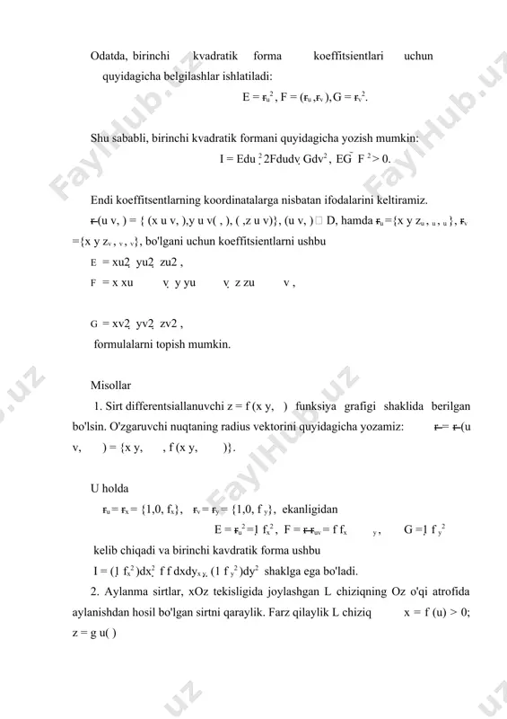 nligini topaylik. yoy uzunligi differentsialini topish formulasiga ko'ra ds =| dr |=| r ' ( ( ), ( ))u t v t | dt = dr 2 = i , bu yerdan esa ushbuga kelamiz: s = ab edu2 2fdudv gdv2 = ab eu'2t  2fdu dvt' t' gdv dt'2t adabiyotlar: 1. sh.k. murodov va boshqalar. chizma geometriya. toshkent, «iqtisod-moliya», 2006, 2008. 2. b.b.qulnazarov. chizma geometriya. toshkent, «o‘zbekiston», 2006. 3. a.n. valiyev. perspektiva. toshkent, «tdpu rizografi», 2006. 4. sh.k. murodov va boshqalar. chizma geometriya kursi. toshkent, «o‘qituvchi», 1988. 5. r.q. ismatullaev. chizma geometriya. toshkent, 2005. 6. i. raxmonov. perspektiva. toshkent, «o‘qituvchi», 1993. 7. r.x. xorunov. chizma geometriya kursi. toshkent, «o‘qtuvchi», 4-nashri, 1997. 8. r.x. xorunov, a. akbarov. chizma geometriyadan masalalar va ularni echish usullari. 2-nashri, «o‘qituvchi», 1995.