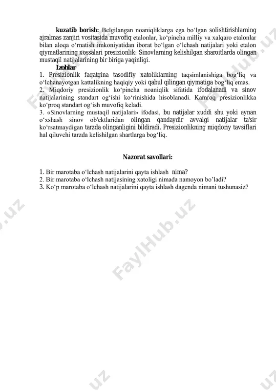 ashlar natijalarining statistik taqsimlanishidan baholanishi mumkin va eksperimental standart og‘ishlar bilan tavsiflanishi mumkin. standart og‘ishlar bilan tavsiflanishi mumkin bo‘lgan boshqa tashkil etuvchilar ham tajribaga yoki boshqa axborotlarga asoslangan ehtimolliklarning taxmin qilingan taqsimlanishidan baholanadi. 3. shubhasiz, o‘lchash natijasi o‘lchanayotgan kattalik qiymatining eng yaxshi bahosi bo‘lib hisoblanadi va tuzatishlar va taqqoslash etalonlari bilan bog‘liq bo‘lgan, tartibli (sistematik) ta'sirlardan yuzaga keladigan tashkil etuvchilarni o‘z ichiga olgan holda noaniqlikning tashkil etuvchilari dispersiyaga hissa qo‘shadi. standart noaniqlik: standart og‘ish sifatida ifoda etilgan o‘lchash natijasining noaniqligi. a xil bo‘yicha (noaniqlikni) baholash: qator kuzatuvlarni statistik tahlil qilish yo‘li bilan noaniqlikni baholash metodi. b xil bo‘yicha (noaniqlikni) baholash: qator kuzatuvlarni statistik taxlil qilishdan farq qiluvchi usullar bilan noaniqlikni baholash metodi . to‘liq noaniklik: chegarasida o‘lchanayotgan kattalikka yetarli asos bilan qo‘shib yozilishi mumkin bo‘lgan qiymatlar taqsimotining katta qismi joylashgan o‘lchash natijasi atrofidagi oraliqni aniqlovchi kattalik. izohlar 1. taqsimotning bu qismiga qamrov ehtimoli yoki oraliq uchun ishonch darajasi sifatida qaralishi …