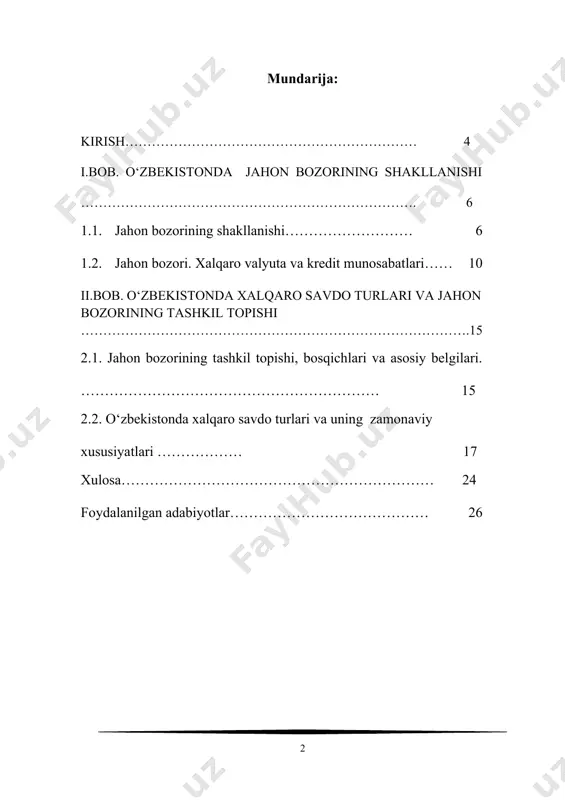 atiladi va jahon bozoriga yetkazib beriladi. biror mamlakatda resurelarni sarflash qulay boʻlmagan yoki imkoni bulmagan tovarlar jahon bozoridan sotib olinadi. jahon bozorida alohida narxlar — jahon narxlari amal qiladi; ayirboshlash ulgurji shaklda va xalqaro birjalar vositasida olib boriladi. o’zbekistonning xalqaro iqtisodiy maydondagi nufuzi va mavqeyi sezilarli darajada va muntazam oshib bormoqda. bunda mamlakatimiz birinchi prezidenti islom karimov tomonidan ijtimoiy-iqtisodiy rivojlanish strategiyasining puxta ishlab chiqilganligi, iqtisodiy islohotlar maqsadi va vazifalari, amalga oshirish yo’llarining aniq va to’g‘ri ko’rsatib berilganligi bosh maqsad yo’lidagi yutuq va marralarning salmoqli bo’lishiga imkon yaratdi. hozirgi davrda dunyo mamlakatlari ijtimoiy-iqtisodiy taraqqiyoti o’zining mano-mazmuni jihatidan oldingi bosqichlardan keskin farq qiladi. bunda eng asosiy va muhim jihat milliy iqtisodiyotlarning tobora integratsiyalashuvi va globallashuvining kuchayib borishidir. ayni paytda bu jarayonlar xalqaro miqyosda moliya, kredit va valuta munosabatlariga o’z ta sirini ko’ rsatmoqda. xalqaro valuta-kredit munosabatlari bozor iqtisodiyotining tarkibiy qismi va eng murakkab jarayonlaridan biridir. ko’ plab omillar ta sirida xalqaro valuta-kredit …