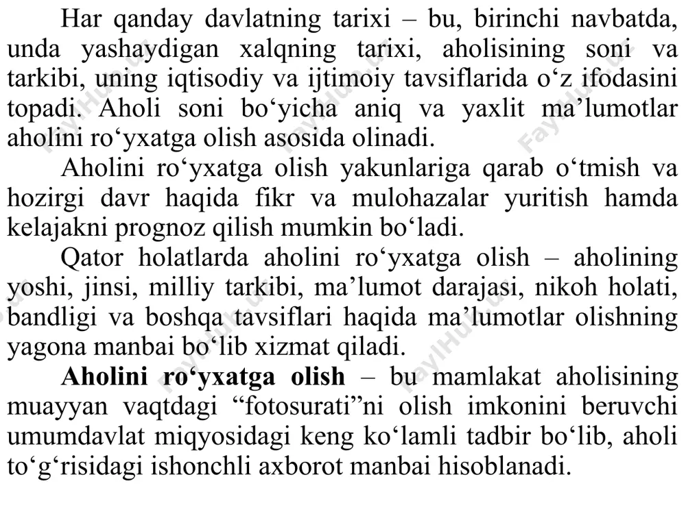 rganadi. aholining tabiiy harakati deyilganda aholi sonini tug‘ilish va vafot etish natijasida o‘zgarishi, binobarin, tabiiy yo‘l bilan o‘zgarishi tushiniladi. shuningdek, nikohdan o‘tish va undan o‘chish kabi holatlar ham aholining tabiiy harakati tarkibida o‘rganiladi. aholining mexanik harakati deyilganda uning ayrim hududlar bo‘yicha ko‘chib yurishi va doimiy yashash joyining o‘zgartirib turishi tushiniladi. ijtimoiy harakat deyilganda, aholi yashashining ijtimoiy indekslari, ya’ni ijtimoiy guruhlar sonining va tarkibining o‘zgarishi tushiniladi. aholi harakatining hamma usullari ham uning rivojini, evolyusiyasini ifodalaydi. bu holatlar dinamik va statistik qonuniyatlarda o‘z aksini topadi. aholi statistikasi ma’lumotlari iqtisodiyotni boshqarish va rejalashtirishda foydalaniladigan qator masalalarni, iqtisodiy va ijtimoiy jarayonlarni raqamlarda aks ettirishda foydalaniladi. bunda oddiy arifmetik emas, balki alohida statistik hisob – aholi kategoriyasining hisobi amalga oshiriladi. birinchi masala, tug‘ilganlar soni, vafot etgalar, nikohdan o‘tgan va undan o‘chganlar soni, ko‘chib kelganlar va ko‘chib ketganlar soni statistik tomondan aniqlanadi, binobarin, to‘plam hajmi aniqlanadi. ikkinchi masala – aholining tarkibini, demografik jarayonlarini o‘rganishdan iborat. bunda …