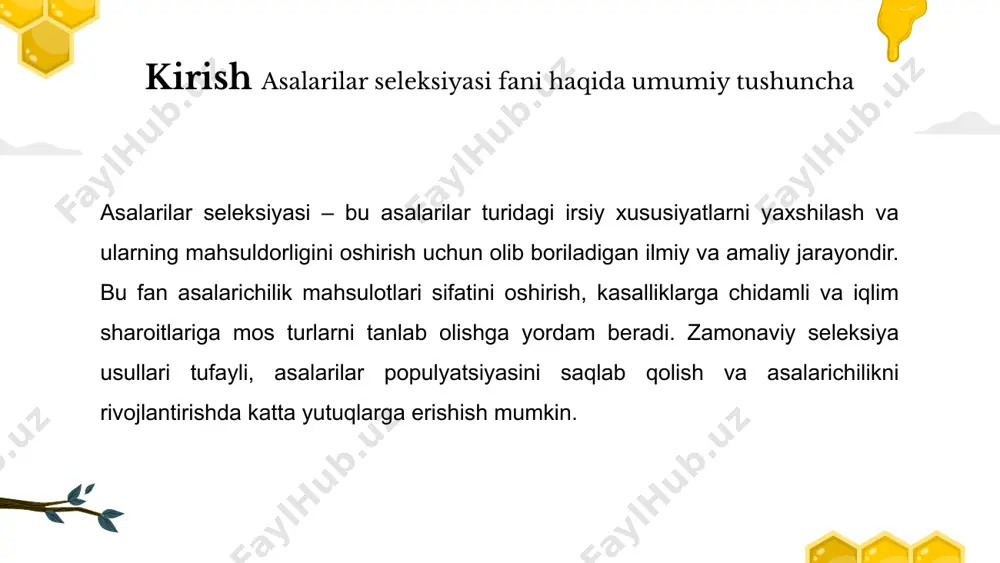 u usullar yordamida asalarilar naslini yaxshilash va ularning genetik resurslarini kengaytirish mumkin. sun'iy urug'lantirish va gibridlashtirish yuqori samaradorlikka erishishda va kasalliklarga chidamli nasllarni yaratishda qo'llaniladi. genetik modifikatsiya genetik modifikatsiya asalarilar seleksiyasining yangi yo‘nalishlaridan biridir. bu usul yordamida asalarilarning kasalliklarga chidamliligini oshirish, mahsuldorligini yaxshilash kabi ko'plab muhim xususiyatlar paydo bo‘lishi mumkin. biroq, bu usulning atrof-muhitga ta'siri va xavfsizligi har doim tahlil qilinadi. asalarichilik faqat iqtisodiy foyda bermasdan, ijtimoiy jihatdan ham katta ahamiyatga ega. asalarilar qishloq xo‘jaligi uchun muhim polenator hisoblanadi. asalarichilik nafaqat mahalliy iqtisodiyotga hissa qo‘shadi, balki atrof-muhit va ekologiyani saqlab qolishda ham yordam beradi. asalarichilikni rivojlantirishning ijtimoiy ahamiyati o'zbekiston va jahon tajribasi o‘zbekistonda asalarilar seleksiyasi bo‘yicha qator ilmiy va amaliy ishlar olib boriladi. jahon tajribasi esa seleksion jarayonlarda yuqori samaradorlikka erishishda muhimdir. bu jarayonda ilg‘or texnologiyalar va usullar bilan tanishish va ulardan foydalanish katta ahamiyatga ega. xulosa asalarilar seleksiyasi jarayoni bugungi kunda qishloq xo‘jaligining muhim yo‘nalishlaridan biri hisoblanadi. asalarilar nafaqat …