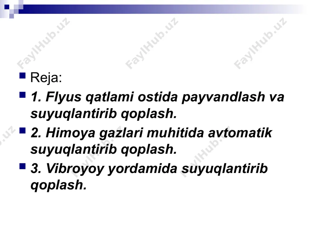 lgan gorelka orqali 0,05…2,0 mpa bosim bilan o’zatiladi. karbonat angidrid gazi uchlik va elektrod sim atrofidan (oqib) o’tib, yoyning yonish zonasidan havoni siqib chiqaradi va metallni oksidlanishdan himoyalaydi. vibroyoy yordamida suyuqlantirib qoplash. bu usuldan diametri 15…20 mm bo’lgan, ish vaqtida katta dinamik kuchlar ta‘sir yetmaydigan po’lat va cho’yan detallarning yoyilgan sirtlarini tiklashda foydalaniladi. bu usul elektrod simi sekundiga 50…110 marta tebranish chastotasida titratib payvandlash bilan oldingi ikkala usuldan farq qiladi. elektrodning titrashi suyuqlantirib qoplash sifatiga va bo’tun jarayonning borishiga jiddiy ta‘sir ko’rsatadi va odatdagi elektr yoy yordamida suyuqlantirib qoplashga nisbatan qator afzalliklarga ega. tebranma yoy yordamida suyuqlantirib qoplashda yoyning o’zilishi sababli mayda tomchili metall elektroddan detalga o’tadi; juda kichik payvandlash vannasi xosil bo’ladi; bu elektrod metallining asosiy metall bilan yaxshi qotishiga, detallning bir oz qizishiga va cho’qurligi kichik termik ta‘sir etish zonasi vujudga kelishiga yordam beradi. elektrod simi tarkibidagi legirlovchi elemyontlari nisbatan kam quyadi. vibroyoy usulida juda yupqa va qalinligi …