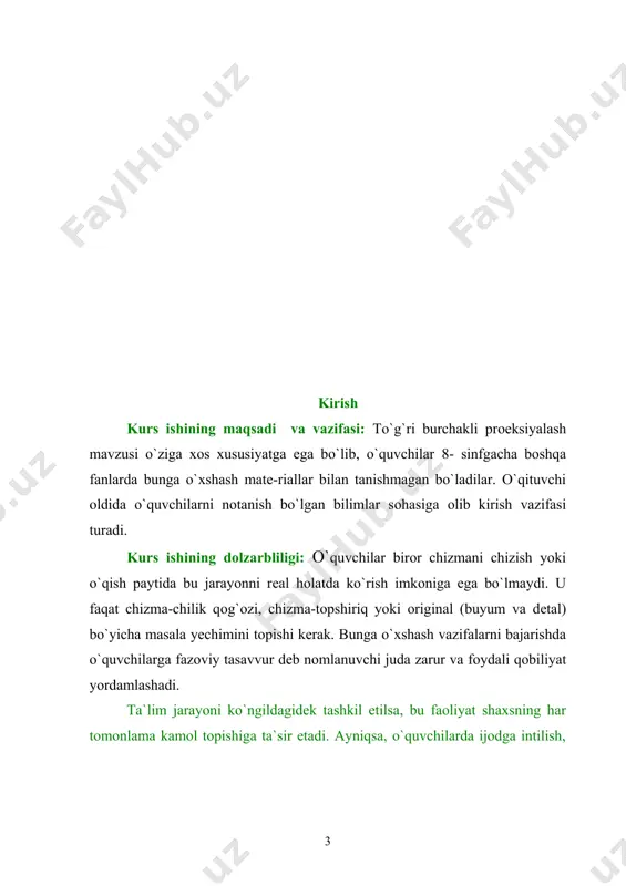 uni fikran qayta ishlash bilan bog`langan aqliy operatsiyalarning salmog`i sezilarli darajada oshib bormoqda. ishlab chiqarishga elektron xisoblash qurilmalari va programmali boshqarilagidan mashinalarning kiritilishi bilan bu operatsiyalar murakkablashib bormoqda.agar jamiyat ishlab chiqarish kuchlari rivojlanishining muayyan bosqichlarida insonning grafik savodxonligi ob`ektlarning grafik modellariga ko`ra ish olib borish uquvi bilan belgilangan bo`lsa, hozirgi davrga kelib abstrakt va simvolik shaklda sxematik va belgili modellar bilan tez-tez ish ko`rishga to`g`ri kelmoqda.hozirgi vaqta insonning grafik tayyorgarlik saviyasi grafik tasvirlar yasash texnikasini egallash daradasi bilan emas, balki uni obrazdi-belgili modellarni fikran amlashtirishga qay darajada tayyor ekanligi uning obrazli tafakkuri bilan aniqlanadi. inson faoliyatida texnikaning roli chuqurroq tahlil qilib ko`rilsa, quyidagi ikki xulosaga kelish mumkin. birinchidan, insonning obrazli tafakkur qilish qobiliyatini rivojlanishiga, uning fazoviy tasavvurini qo`zg`aluvchanligiga bo`lgan talablar oshib bormoqda.bunday rivojlanishning muvaffaqiyati ta`limning mazmuni va o`qitish metodlarini takomillashtirilishiga bog`liq. hech bir o`quv predmeti o`kuvchilarning fazoviy tasavvurini chizmachilikdek rivojlantira olmaydi. so’ngra, predmetning fazoviy xususiyati va munosabatlari haqida axborotlar berish …