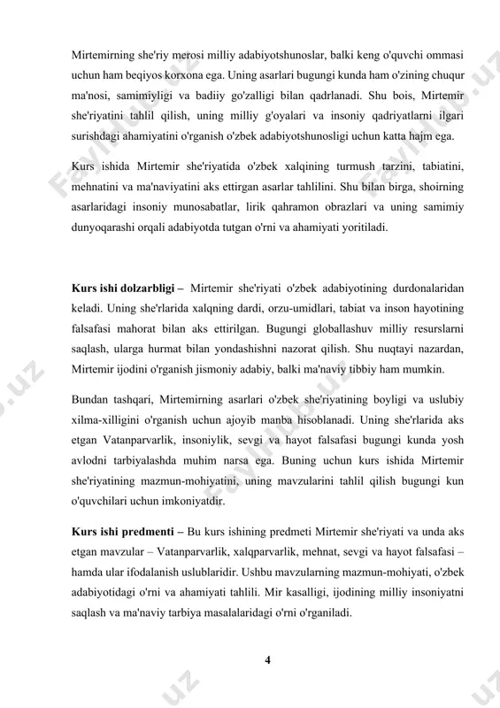 ilish: she'rlarda aks etgan obrazlar, g'oyalar va uslublarni tahlil qilish.[footnoteref:1] [1: mirtemir, a. (1975). tanlangan asarlar (2-jild). toshkent: yosh gvardiya. 2abdullaev, n. (2003). mirtemir: hayoti va ijodi . toshkent: muxlis.]  adabiy ahamiyatga ega bo'lgan: mirtemir she'riyatining o'zbek adabiyotidagi o'rni va uning bugungi avlodi uchun tarbiyaviy ahamiyatini ko'rsatish.  tadqiqotlar bilan bog'lash: mirtemir ijodi bo'yicha amalga oshirilgan ilmiy ishlardan o'tish va ular bilan kurs ishi mazmunini boyitish.  ijodning yordamligini oshirish: milliy resurslar va ma'naviyatni saqlashdagi she'riyatning o'rni va ahamiyatini saqlash. kurs ishi tuzulishi – tutul varog’i, kirih, 3 ta bob xulosa foydalanilgan adabyotlar foydalanilgan sayitlar ro’yhatidan iborat [footnoteref:2] [2: 3salomov, o. (2000). o'zbek she'riyatining jarayon jarayoni . toshkent: sharq. 4xurshid, f. (2005). mirtemir she'riyatidagi milliy g'oyalar . toshkent: adabiyot.] i-bob. vatanparvarlik va xalqparvarlik motivlari 1.1 mirtemir she'riyatida vatan tushunchasi mirtemir o'zbek adabiyotida vatanparvarlik ruhini ulug'lash bilan ajralib turadi. uning she'rlarida vatan sifatidagi tabiiy geografik makon, balki inson qalbiga yaqin …
