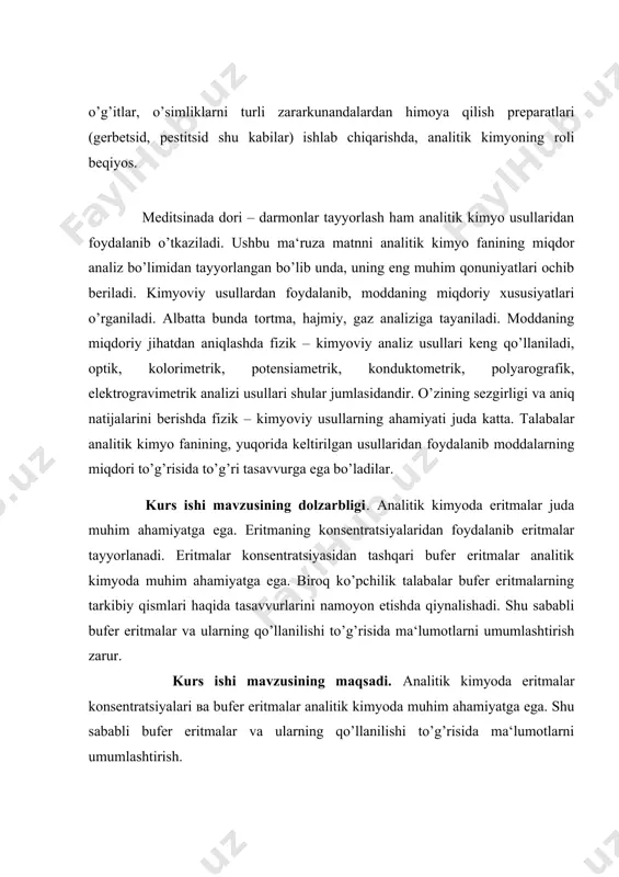 alari qanchalik polyar bo’lsa, ion bog’lanishga ega bo’lsa solvatlar shunchalik oson xosil bo’ladi va ular shunchalik barqaror bo’ladi. gidratlar hosil bo’lishini, shuningdek, moddalarning erishi natijasida issiqlik yutilishini yoki chiqishini nazarda tutib, eritmalarni kimyoviy birikmalardek qarash mumkin edi. biroq eritmalar tarkibining o’zgaruvchanligi, ya‘ni erigan modda bilan erituvchining miqdorlari orasida ekvivalent nisbat yo’qligi ularni mexanik aralashmalarga yaqinlashtiriladi. demak, eritmalar mexanik aralashmalar bilan kimyoviy birikmalar oralig’idadir. ko’pincha, eritmalar dispers sistemalar deb yuritiladi. erigan modda dispers faza, erituvchi esa dispersion muhit deb ataladi. moddalarning agregat xolatlariga qarab, turli dispers sistemalar bo’lishi mumkin. masalan: gaz + gaz; qattiq modda + suyuqlik; suyuqlik + gaz; gaz + qattiq modda; qattiq modda + gaz; qattiq modda + qattiq modda va hokazo. dispers modda zarrachalarining maydaligiga qarab, dispers sistemalar bir nechta guruhga bo’linadi: 1. dag’al dispers sistemalar; 2. kolloid eritmalar; 3. molekulyar yoki chin eritmalar. 1. dag’al dispers sistemalarda modda zarrachalari 100 mµ dan katta bo’ladi. ba‘zan bu …
