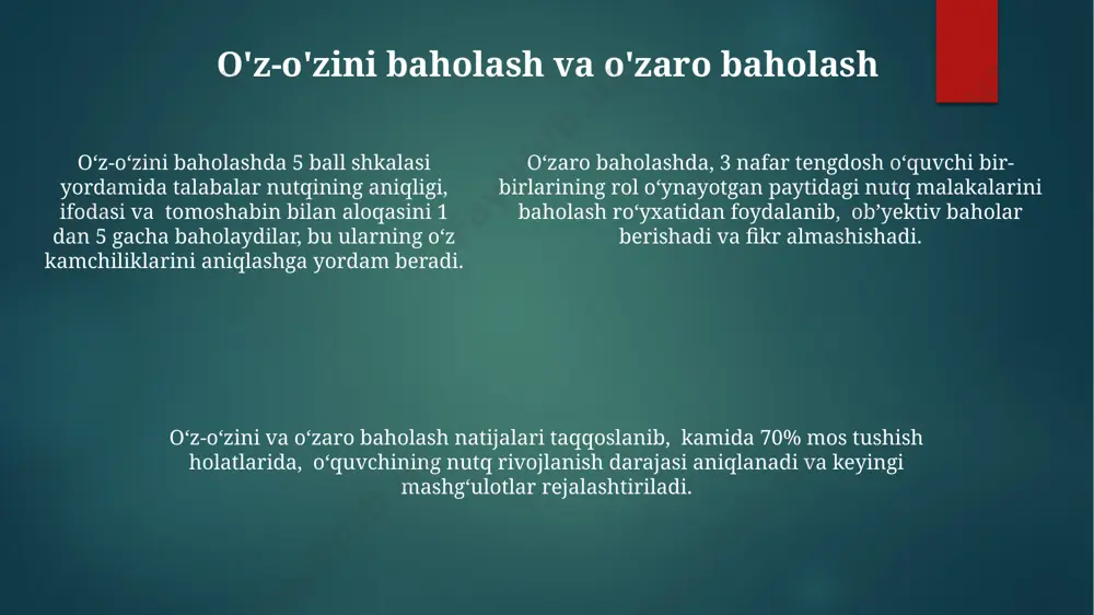 kin; bu tomoshabinlarni jalb qilishda yordam beradi. rol oʻynash jarayonida 10-15 minutlik mashqlar orqali ijrochilar oʻrtasidagi oʻzaro ta'sirni kuchaytirish va oʻyin dinamikasini yaxshilash mumkin; bu tomoshabinlarni jalb qilishda yordam beradi. kreativlikni rivojlantirish va tasavvurni oshirish rolli o'yinlar va sahna asarlari orqali 5-7 yoshli bolalarda 20% ga yaqin tasavvur rivojlanishini kuzatish mumkin. kreativlikni rivojlantirishda 3 ta asosiy bosqich mavjud: g'oya generatsiyasi, g'oya tahlili va yakuniy mahsulot yaratish. improvizatsion mashqlar yordamida so'z boyligini 30% ga oshirish va nutq malakalarini yaxshilashga erishish mumkin. munosabatlarni yaratish va muhitni shakllantirish rol o'ynash va sahna ko'rinishlari orqali 3-5 nafar ishtirokchi o'rtasida 2-3ta muloqot stsenariylarini yaratish, shuningdek, ular uchun mos muhitni (masalan, ofis, kafe) tasvirlash orqali realistik munosabatlarni shakllantirish mumkin. muvaffaqiyatli munosabatlarni yaratish uchun 1-2 ta aniq maqsad va natijalarni belgilash, shuningdek, har bir muloqot bosqichida 5-7 ta nutq va imo-ishoralar texnikalarini qo'llash orqali ijro sifatini yaxshilash mumkin. munosabatlarni boyitish uchun har bir ishtirokchi uchun 2-4 ta …