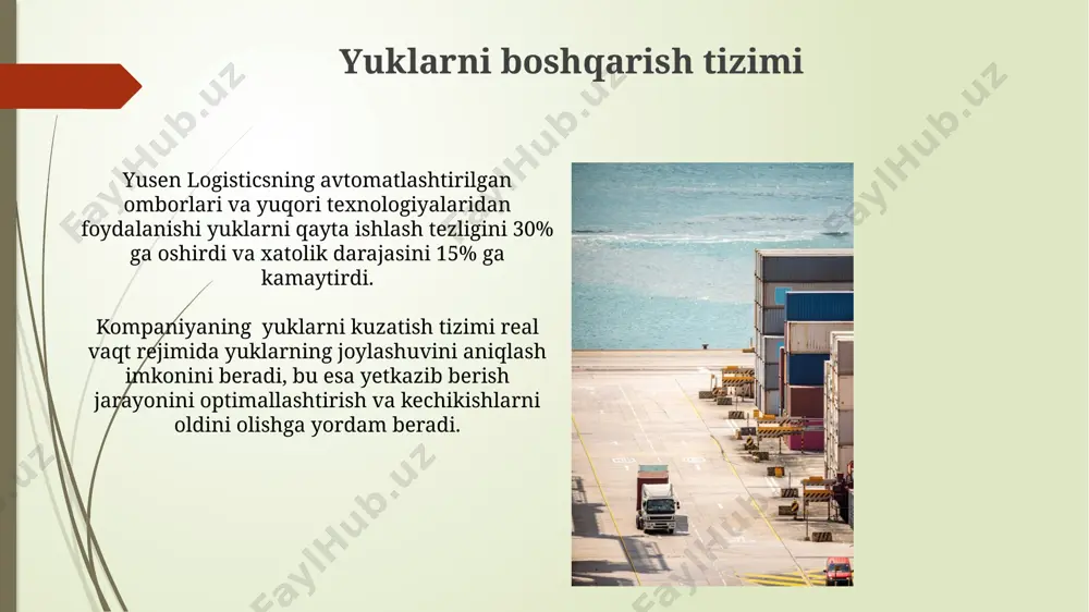 ingi 3 yilda raqamli platformalarni rivojlantirishga va onlayn mijozlar bazasini 2 marta oshirishga qaratilgan keng ko'lamli strategiyani amalga oshirishni niyat qilgan. yusen logistics kelgusi 5 yilda global miqyosda raqobatbardoshligini 15% ga oshirishni, shuningdek, avtomatlashtirish va sun'iy intellekt texnologiyalariga 20 million dollar investitsiya qilishni rejalashtirmoqda. yusen logistics haqida umumiy ma'lumot yusen logistics dunyo bo'ylab 200 dan ortiq mamlakatlarda faoliyat yuritadigan yirik logistika kompaniyasi bo'lib, yillik daromadi milliardlab dollarni tashkil etadi. kompaniya global yuk tashish tarmog'iga ega bo'lib, dengiz, havo va avtomobil transporti xizmatlarini taklif etadi, shuningdek, konteynerlarni boshqarish va ombor xizmatlarini ham o'z ichiga oladi. maxsus loyihalarni amalga oshirish yusen logistics kompaniyasi maxsus loyihalarni amalga oshirishda 20 yildan ortiq tajribaga ega boʻlib, 1000 dan ortiq muvaffaqiyatli loyihalarni amalga oshirgan. yusen logistics oʻzining maxsus loyihalari uchun mijozlarga individual yondashuvni taʼminlaydi va har bir loyiha uchun 5 dan ortiq mutaxassisni jalb qiladi, bu esa loyihalarning yuqori sifatli bajarilishini taʼminlaydi. e'tiboringiz uchun rahmat @taqdimot_robot …