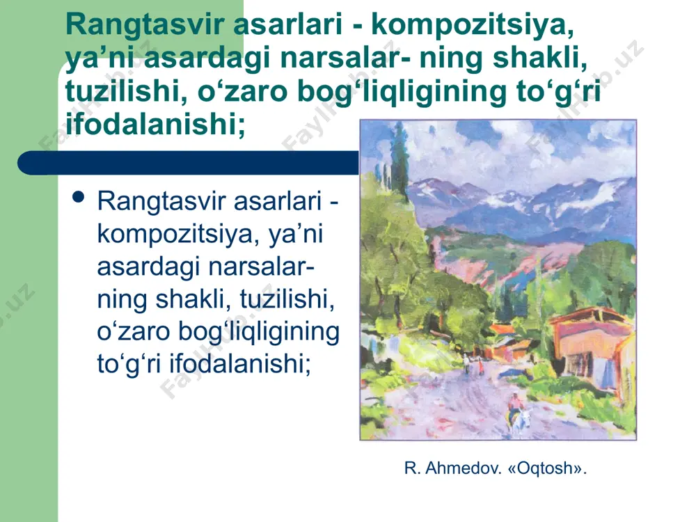 rida yaratiladi. 0‘rol tansiqboyev 0‘rta osiyoda manzara janriga asos solgan, uning har bir davridagi ijodi o‘ziga xos klassik tasviriy san’at tarixiga aylangan. vaqt o‘tgan sayin bu san’atkor yaratgan nodir asarlaming qadr-qimmati oshib bormoqda. manzara san’atining 0‘zbekistonda shakllanishi va cho‘qqiga ko‘tarilishida, shubhasiz, bu san’atkor erishgan daraja shu kunda ham ibrat namunalaridan biri bo‘lib qolmoqda. plakat ustasi n. ten o‘z asarlarida turmush va ekologik mavzuni yoritadi. uning asarlaridagi fikmi hech bir muammosiz, yaqqol ang- lash mumkin. bunga misol tariqasida «orol» manzarasi muammo- siga bag‘ishlangan plakati dalildir. tabiatni muhofaza qilish, uningboyliklarini, hayvonot olamini asrash bugungi kunda muhim, dolzarb mu- ammoga aylangan. manzara - peyzaj ma’lum bir joyning ko‘rinishi, tasviri bu tasvi- riy san’at janri hisoblanadi. man- zarada tabiat, dengiz ko‘rinishlari /marina/, daraxtzorlar, qirlar, shahar va qishloqlaming qiyofasi, umuman, turli joylaming tasviri orqali kishi- ning his-tuyg‘ulari badiiy obrazlarda ifodalanadi. manzara 0‘rta asrlarda xitoy, yaponiya, uyg‘onish davrida esa yevropada rivoj topdi. 0‘zbekis- tonda 0‘.tansiqboyev manzara …