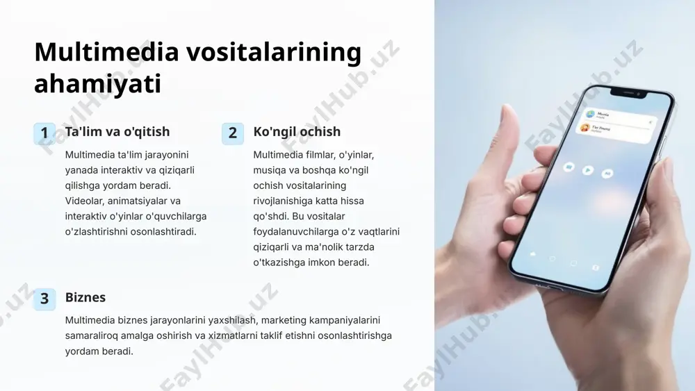 3d animatsiya 3d animatsiya - bu uch o'lchamli modellardan foydalanib, harakatlanuvchi tasvirlar yaratish usuli. u multimedia vositalarida filmlar, o'yinlar va boshqa ilovalar yaratish uchun ishlatiladi. 3 stop-motion animatsiyasi stop-motion animatsiyasi - bu harakatlanuvchi tasvirlarni yaratish usuli bo'lib, har bir ramka alohida suratga olinadi va keyin birlashtiriladi. u multimedia vositalarida o'ziga xos estetika yaratish, hikoyalarni aytib berish va foydalanuvchilarni jalb qilish uchun ishlatiladi. 10 multimedia cd-rom/dvd-rom ta'lim dasturlari cd-rom/dvd-rom - bu multimedia ma'lumotlarini saqlash va tarqatish uchun ishlatiladigan optik disklar. ular ta'lim dasturlari, o'yinlar, filmlar va boshqa multimedia vositalarini saqlash va tarqatish uchun ishlatiladi. filmlar va video o'yinlar multimedia cd-rom/dvd-rom disklarida filmlar, video o'yinlar, musiqa va boshqa ko'ngil ochish vositalarini saqlash va tarqatish mumkin. elektron kitoblar elektron kitoblar multimedia cd-rom/dvd-rom disklarida saqlanadi va foydalanuvchilarga matn, tasvirlar, ovoz va animatsiya bilan boyitilgan kitoblarni o'qish imkoniyatini beradi. 11 multimedia web-saytlari veb-saytlar multimedia web-saytlar matn, tasvirlar, ovoz, video va interaktiv elementlarni birlashtiradi. bu web-saytlar …