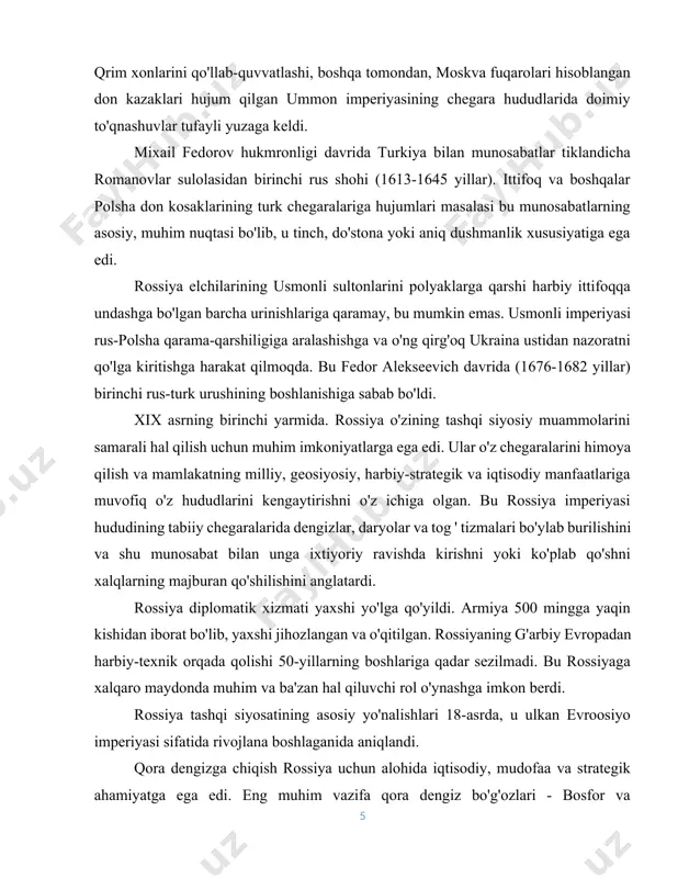 rivojlana boshlaganida aniqlandi. qora dengizga chiqish rossiya uchun alohida iqtisodiy, mudofaa va strategik ahamiyatga ega edi. eng muhim vazifa qora dengiz bo'g'ozlari - bosfor va dardanellarning eng qulay rejimini ta'minlash edi. rus savdo kemalarining ular orqali erkin o'tishi davlatning keng janubiy viloyatlarining iqtisodiy rivojlanishi va gullab-yashnashiga yordam berdi. 1.2. mojaroning kuchayishi. rossiya-turkiya o’rtasidagi diplomatik aloqalar 1701 yilda konstantinopolda rossiya elchixonasi ochilganda o'rnatildi. ikki tomonlama davlatlararo aloqalar besh asrdan ko'proq vaqtdan beri mavjud bo'lsa-da, tarixchilar knyaz ivan iii ning 1492 yil 30 avgustda usmonli sultoni bayazet ii ga yuborgan dengiz savdosi haqidagi xabariga tayanadilar. iqtisodiy hamkorlik sovuq urush tugaganidan beri rossiya-turkiya munosabatlarining o'ziga xos belgisiga aylandi. sovuq urush davrida va undan oldingi yillarda ikki davlat oʻrtasidagi munosabatlarga xos boʻlgan mojarolar va oʻzaro ishonchsizlik sharoitida oʻzaro tovar ayirboshlashning keyingi kengayishi, sarmoyalarning koʻpayishi va gumanitar aloqalarning mustahkamlanishi ikki tomonlama munosabatlarning rivojlanishiga katta hissa qoʻshdi. 2020 yil holatiga ko'ra, turkiya rossiyaning ettinchi yirik savdo …