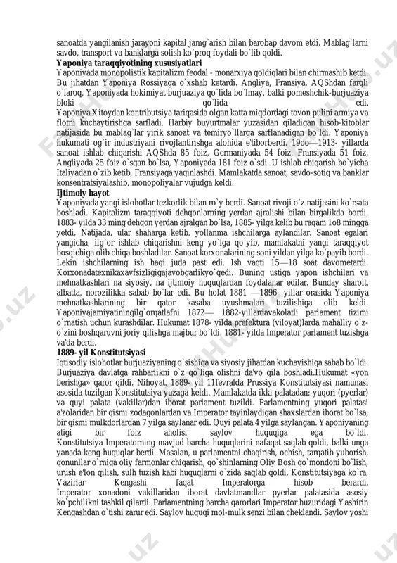 1—1878- yillarda qishloq xo`jaligi sohasida islohotlar o`tkazilib, yerni erkin oldi-sotdi qilish, istagan turdagi ekinlarni ekishga ruxsat berildi. hosildan hissa ko`rinishidagi soliq pul solig`i bilan almashtirildi. yerning mayda bo`laklarga bo`linib ketishiga qarshi qonun chiqarildi. sanoatni rivojlantirishda davlatning roli sharoit qanchalik og`ir bo`lmasin, yaponiyada bozor munosabatlari tez rivojlana boshladi. yaponiya yevropa tajribalaridan sharqda birinchi bo`lib foydalandi, yevropada uzoq vaqt davomida yuzaga keltirilgan ilg`or sanoat texnikasini yaponiya tayyor holda olar edi. davlat bozor ishlab chiqarishini keng yo`lga qo`yish uchun homiylik qilish yo`lidan bordi. birinchi galda yaponiyada to`qimachilik sanoati tez rivojlandi. 189oyilda u barcha sanoat tarmoqlarining 45 foizini tashkil etdi. 1868— 1885- yillarda davlat hisobidan 13oo sanoat korxonasi qurildi. ular dastlab badavlat sanoatchilarga ijaraga berildi. keyinroq esa sanoat korxonalari o`z narxining yarmiga, hatto 1o—15 foiziga xususiy qilib sotiladigan bo`ldi. natijada, mitsui va mitsubisi, sumitomo, yasuda, furukava, kavasaki, tanaka, asano kabi bank egalari yirik sanoat korxonalarining egalariga aylandilar. yaponiya sanoat va kapital sohalarida o`sha davrdagi …