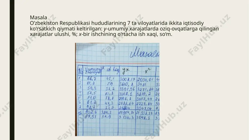 uchun 95% tanlanadi. “ostatki”(“residuals”) qismidagi barcha buyruqlar belgilanadi. “ok” tugmasi bosilgandan so’ng regression tahlilning natijalari yoritilgan quyidagi ko’rinishidagi oyna hosil bo’ladi. dispersionniy analiz deb nomlangan bo’lib, ushbu qismda regressiya tenglamasining dispersiyasi, qoldiq dispersiyasi, umumiy dispersiya, f-test ma‘lumotlari berilgan. ushbu qismda «regressiya»ning ro’parasidagi (df) b12 katakdagi 1 soni regressiya tenglamasidagi omil belgi sonini anglatadi. «ostatok»ning ro’parasidagi b13 katakdagi 5 (n-m-1) soni erkin o’zgaruvchilar sonini. bunda n kuzatuvlar soni, m esa omillar sonini anglatadi. bizni misolimizda n=7 va m=1. b14 katakda esa b12 va b13 kataklardagi sonlarning yig’indisi. c12,c13,c14 kataklardagi (ss) raqamlar mos ravishda natijaviy belgi (y) va omil belgilar (xi)ning o’rtachalaridan og’ishlari va ularning yig’indisi. d12, d13 kataklardagi (ms) raqamlar esa ularning o’rtachalari – dispersiyasi. e12 katakdagi (f) raqam fisherning f-kriteriyasini hisoblangan qiymati, f12 katakdagi (significance f) raqam fisherning f-kriteriyasining jadval qiymati. y nazariy, a va b parametrlar topildi. omillar o’rtasidagi bog’lanish topildi. determinantsiya koeffitsiyenti topildi. xulosa: x omilining o’zgarishi variatsiya …