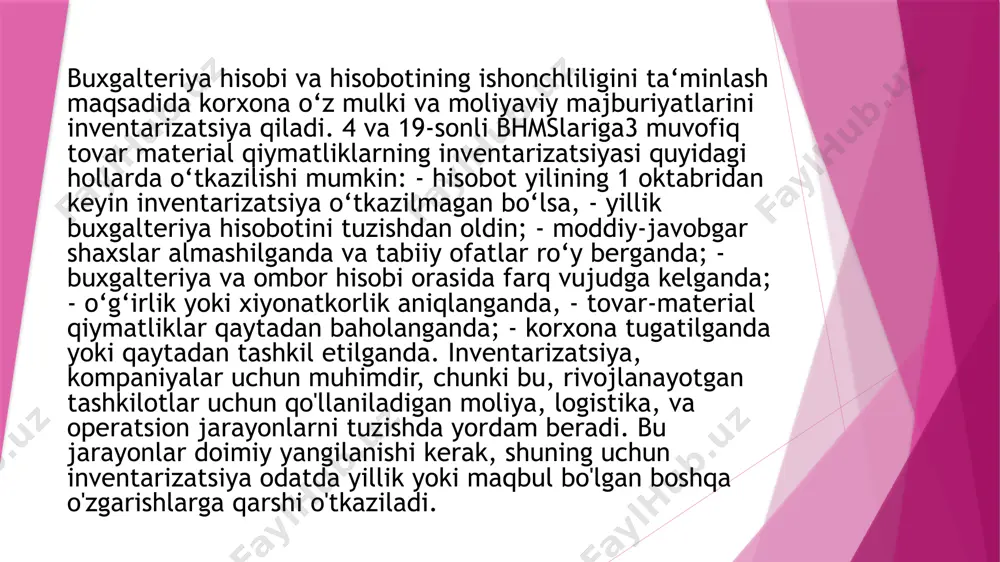tivlar, passivlar yoki hisob kitoblarning bir qismini o‘z ichiga olishi bilan ajralib turadi. bu dastlabki hisob hujjatlarining ma’lumotlarini aniqlashtirish, moddiy javobgar shaxslar ishlari ustidan nazoratni kuchaytirish va suiste’molliklarga barham berishga imkon yaratadi. qisman inventarizatsiya esa to’liq inventarizatsiyadan farqli o’laroq kam harajat bo’lganligi sababli, biz bu turdagi inventarizatsiyani yil davomida bir necha marotaba ham o‘tkazishimiz imkonini beradi. obyektlarni qamrab olishining to‘liqligiga ko‘ra esa biz inventarizatsiyani tanlab yoki yoppasiga o‘tkazishizim ham mumkin ekan. - demak, korxonada moddiy qiymatliklar miqdori ko‘p bo‘lgan hollarda inventarizatsiya tanlab o‘tkazilishi afzalroqdir. chunki, tanlab inventarizatsiya o‘tkazishdan maqsad tovar-moddiy qiymatlar saqlanishi, ularni saqlash qoidalarining bajarilishi, moddiy javobgar shaxslar tomonidan omborxona hisobini yuritish tartibiga rioya qilinishi ustidan nazorat o‘rnatish hisoblanadi. shu sababli tanlab inventarizastsiyalash ham oson ham tez jarayon hisoblanadi. yoppasiga inventarizatsiya esa korxonaning barcha bo‘linmalarida, shu jumladan, alohida balansga ajratilgan bo‘linmalarda ham bir vaqtda o‘tkaziladi. bu jarayon ko’p energiya va resurslarning sarflanishiga olib keladi. inventarizatsiya tayinlanishi va tavsifiga ko‘ra …